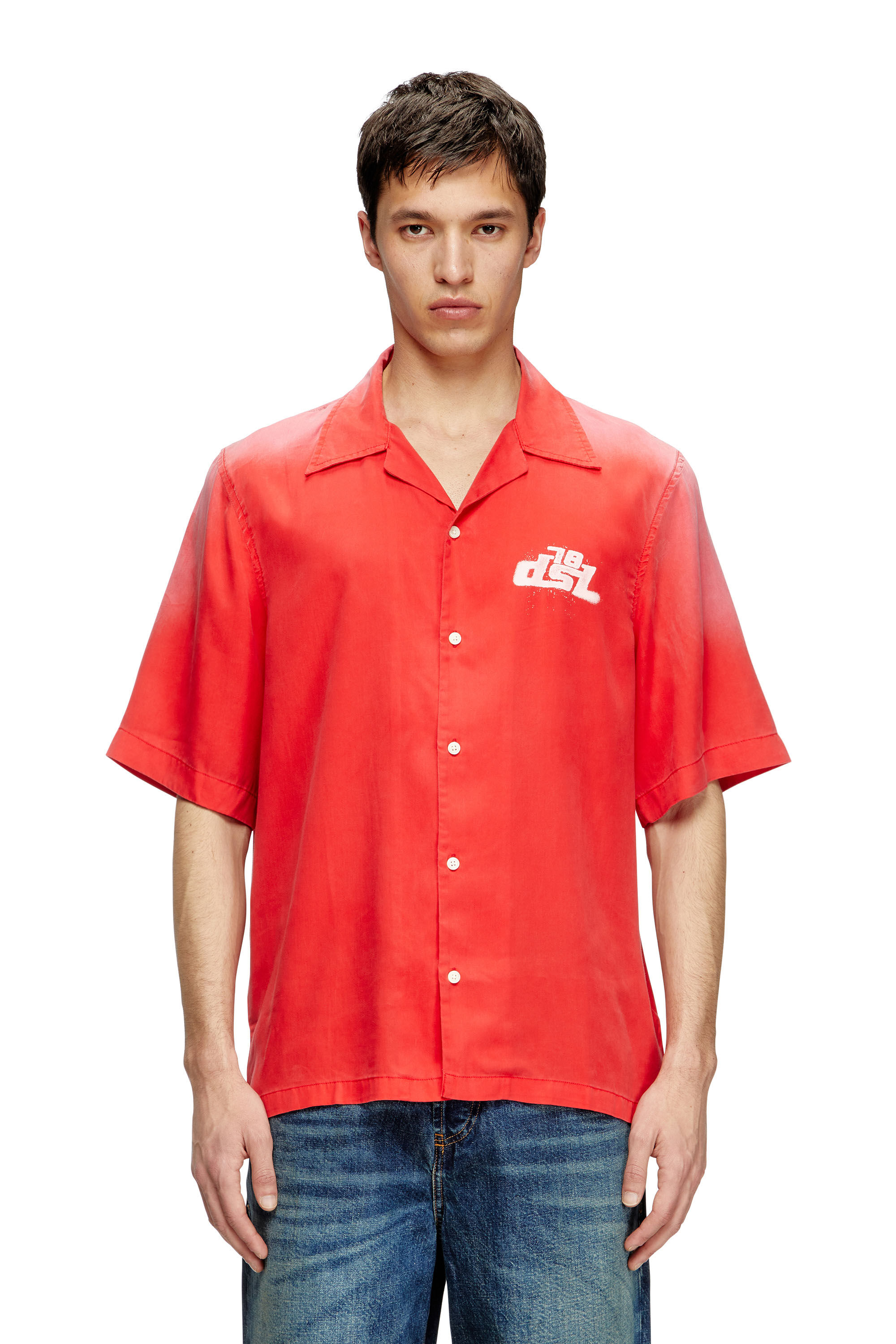 Diesel - S-ELLY, Male's Faded bowling shirt with logo prints in レッド - 2