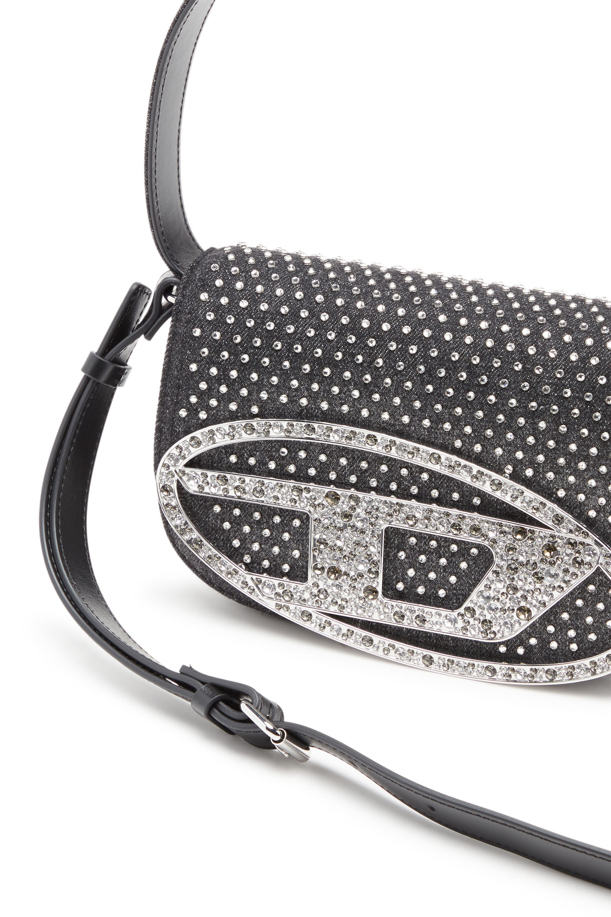 1DR 1DR-Iconic shoulder bag in denim and crystals｜ブラック