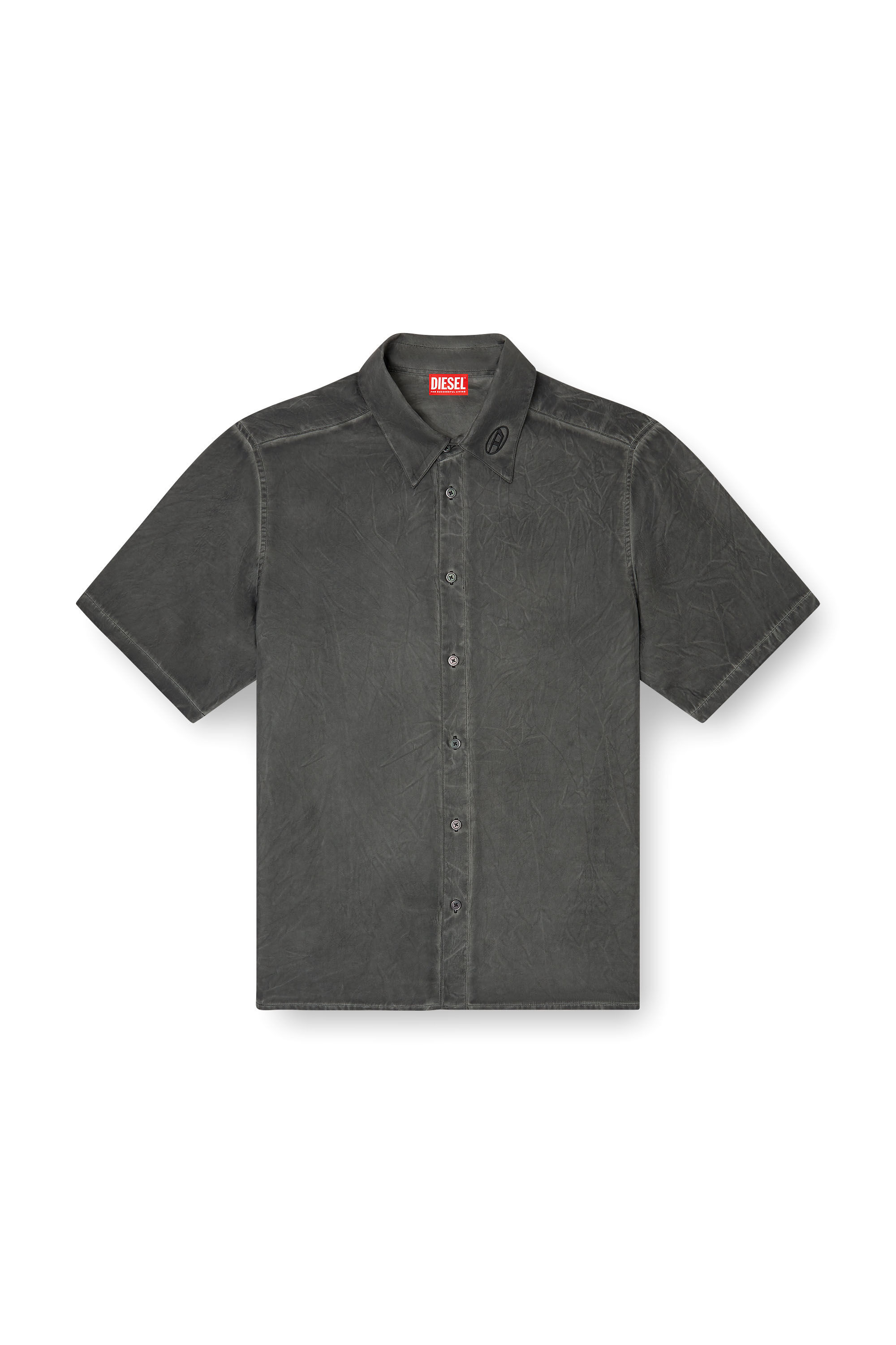Diesel - S-LEON-SHORT, Unisex's Crinkled short-sleeve shirt with logo collar in ブラック - 2