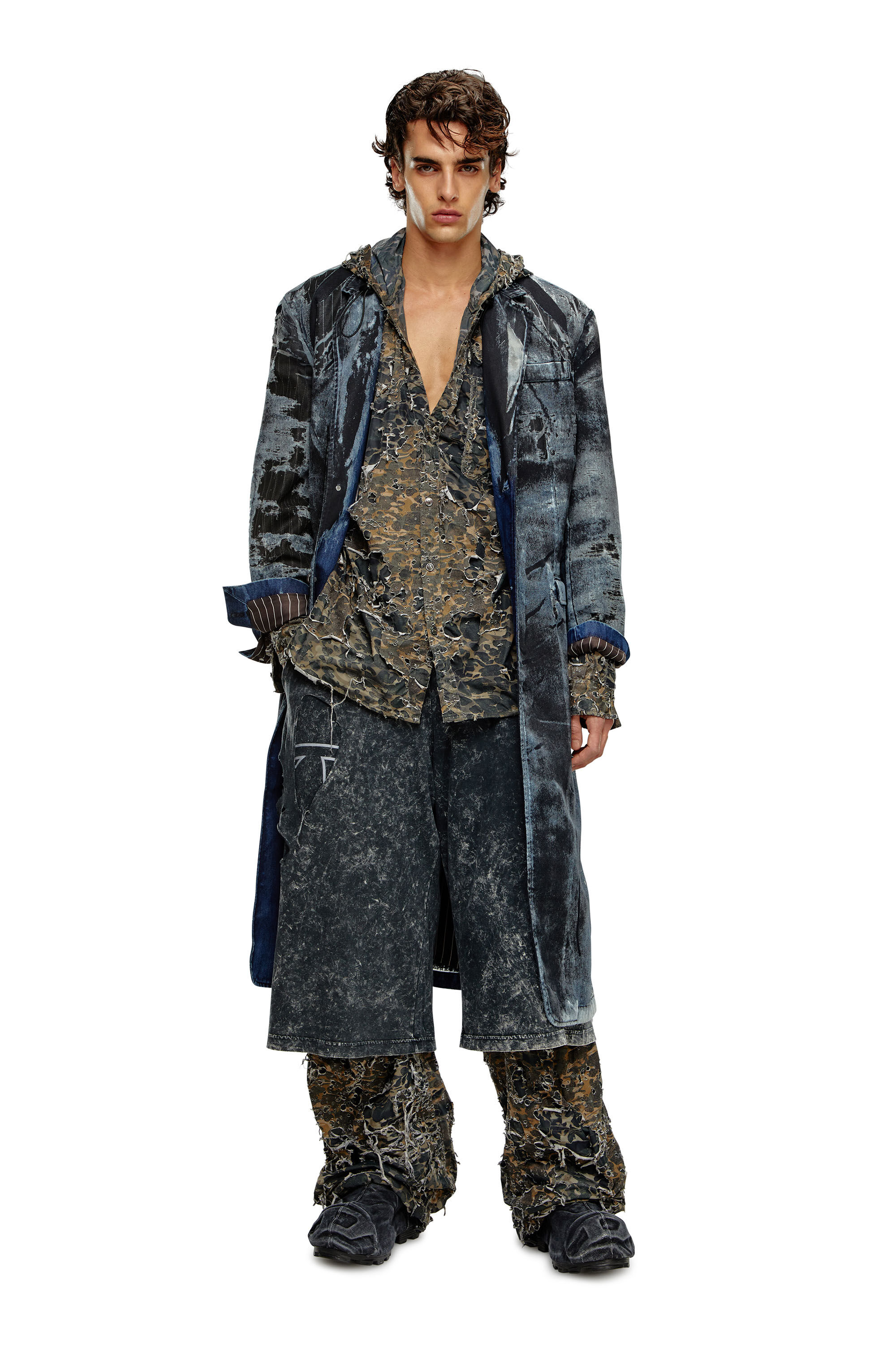 Diesel - D-BLA-LONG-DEV-FSE, Male's Coat in pinstriped devoré denim in ダークブルー - 3