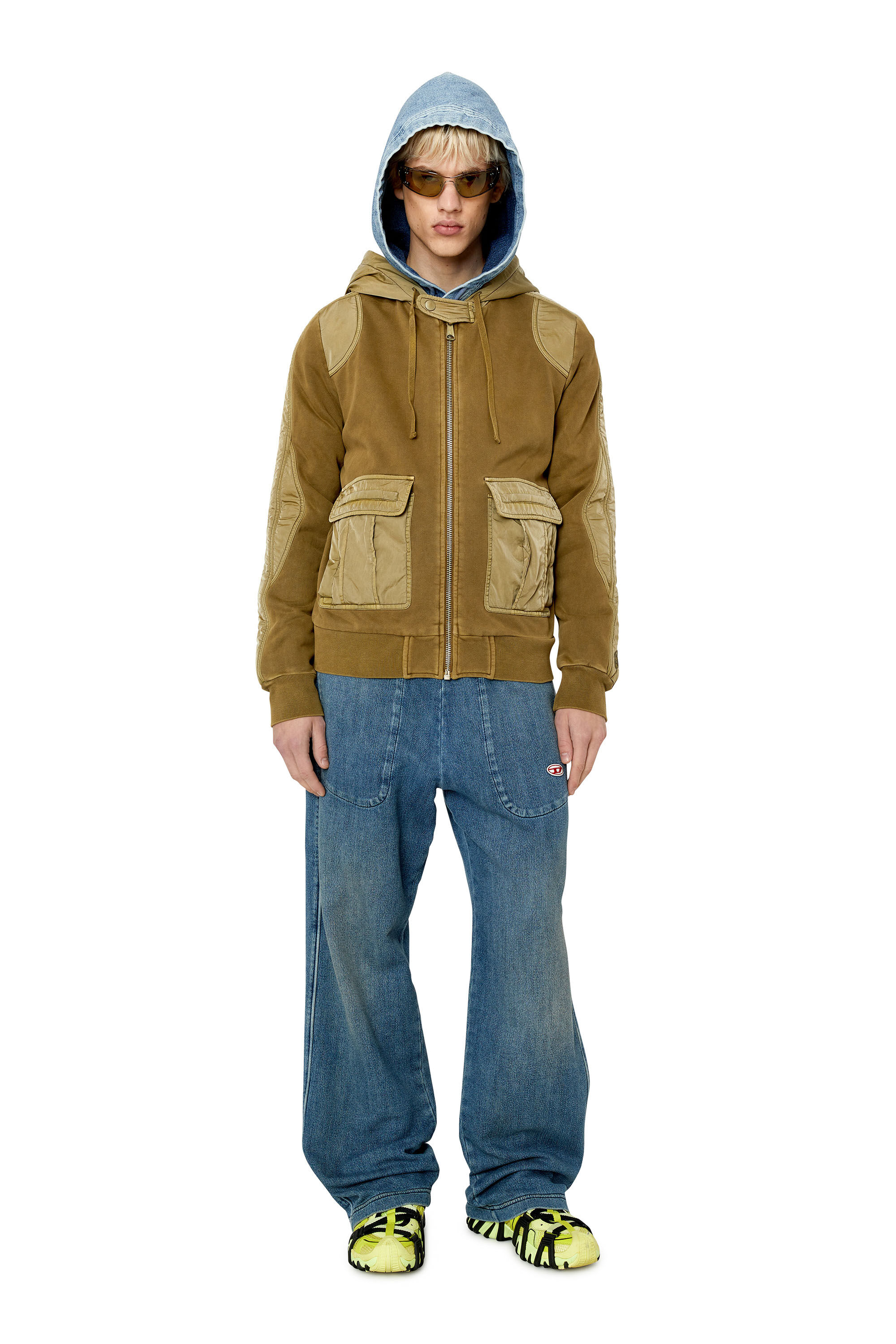 Diesel - S-SOFOGINN, Male's スウェット ジップアップ パーカー 3Dポケット ナイロン切り返し in ミリタリーグリーン - 1