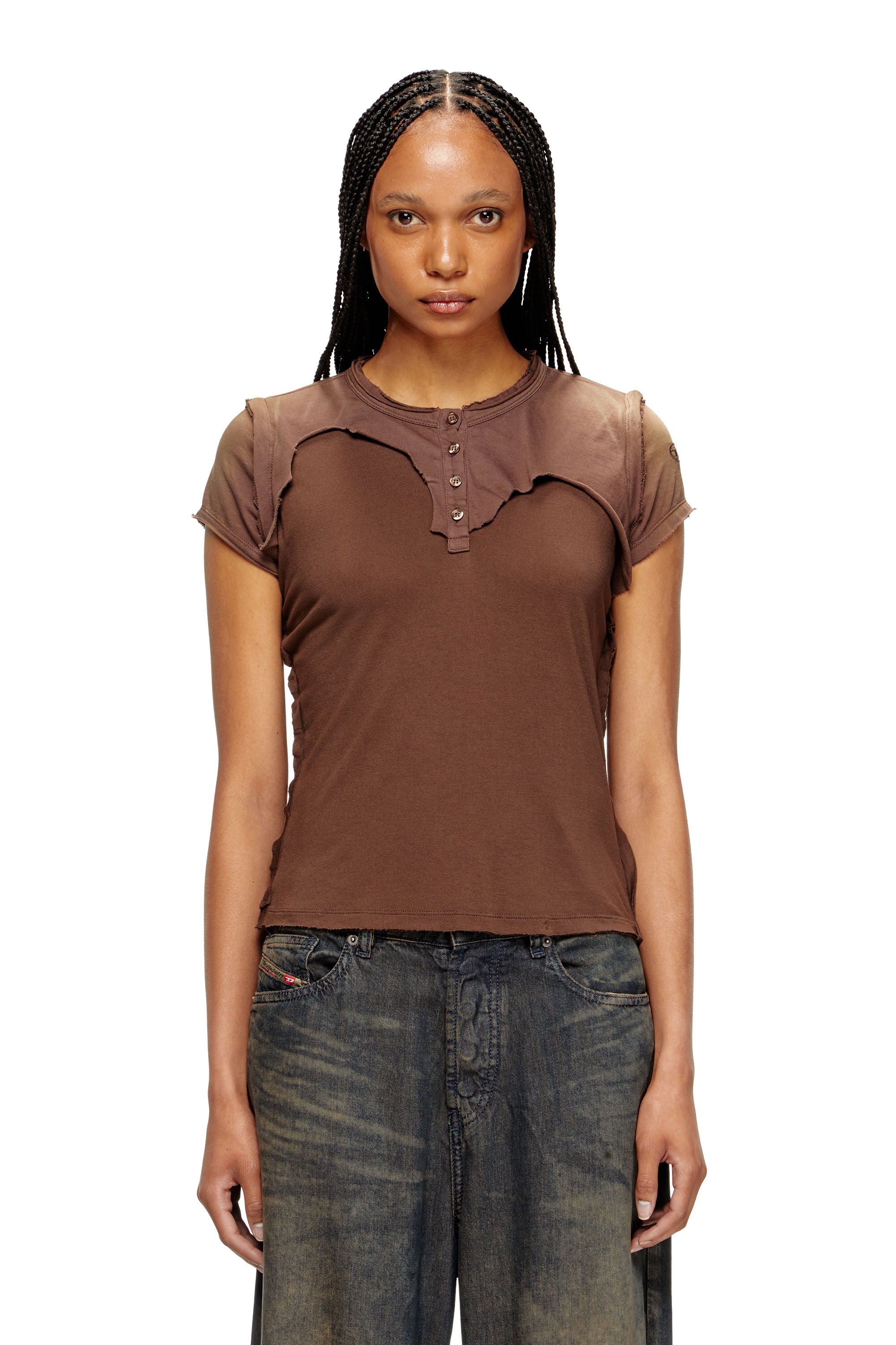 Diesel - T-UNRAWY, Female's Henley T-shirt with peel-off effect in ブラウン - 3
