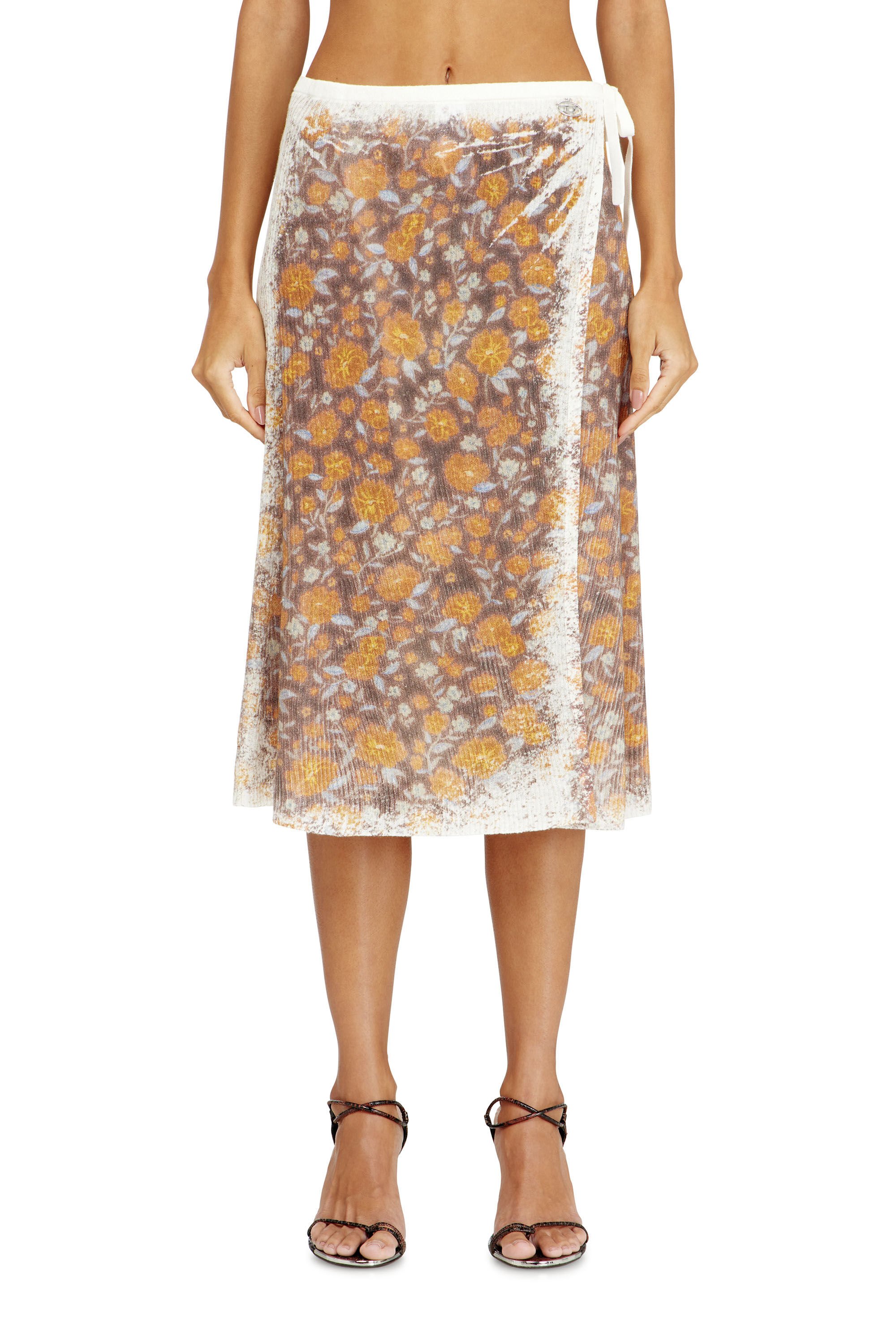 Diesel - M-BLOMETTE, Female's Floral-print midi wrap skirt in linen knit in ブラウン - 3
