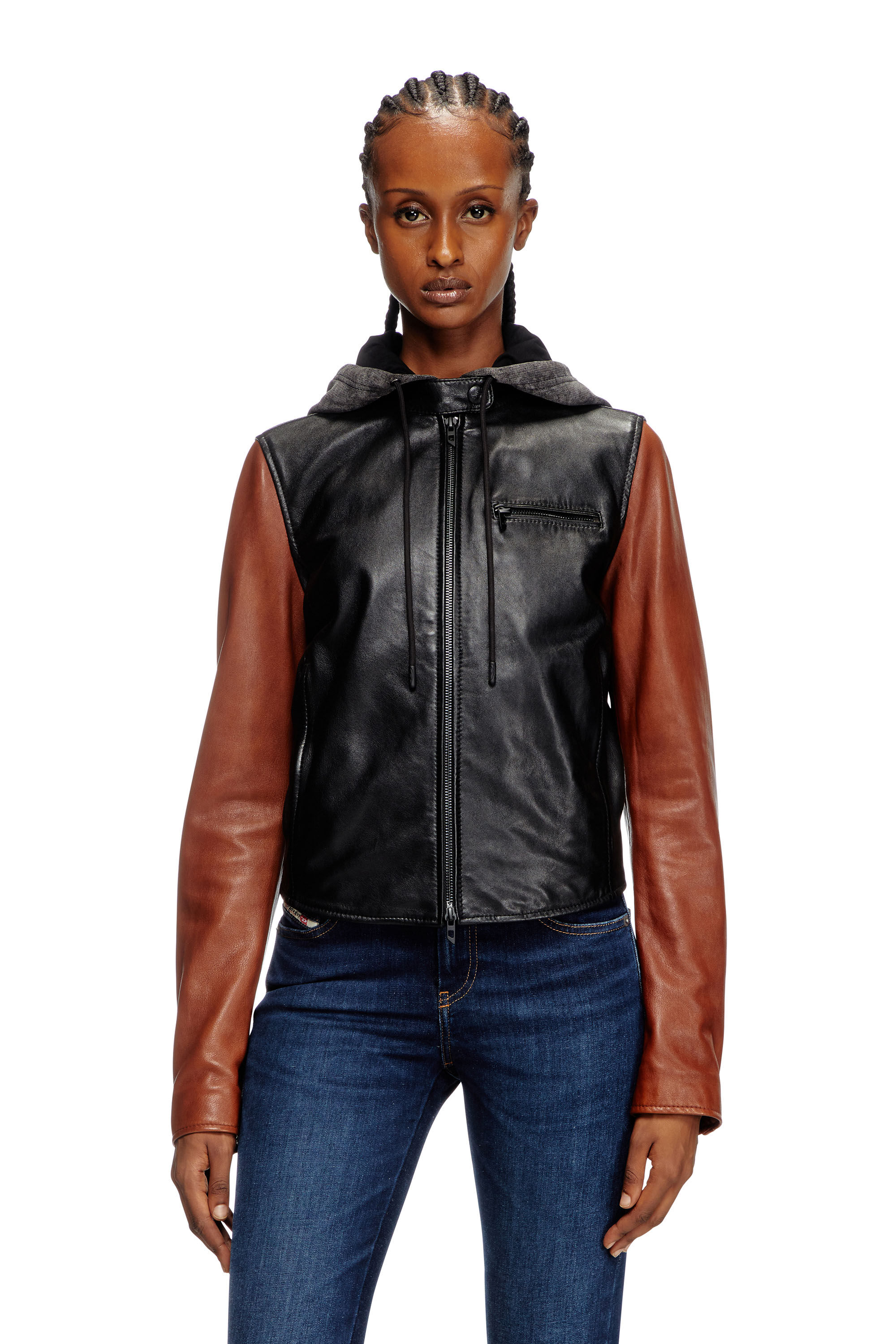 Diesel - L-OUDER, Female's Colour-block leather jacket in ブラック/ブラウン - 3