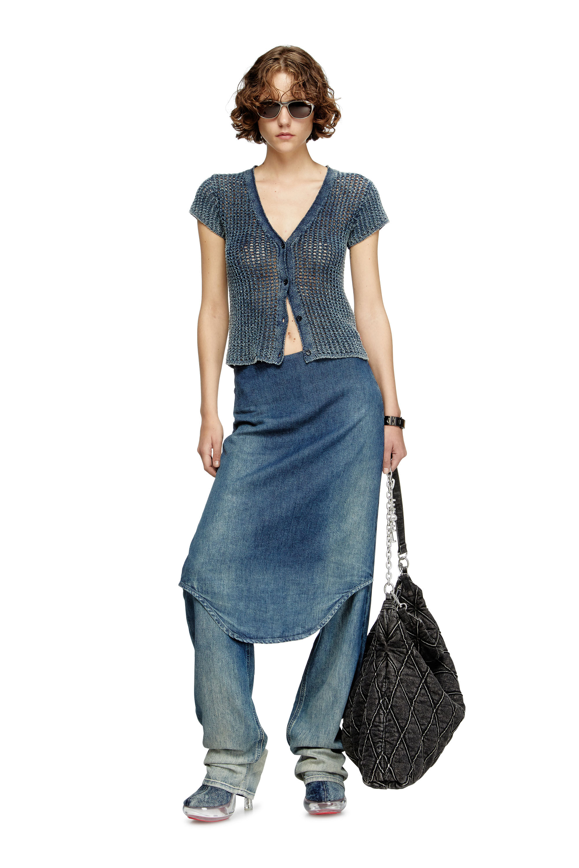Diesel - M-REZ, Female's Short-sleeve cardigan in denim mesh knit in ミディアムブルー - 1