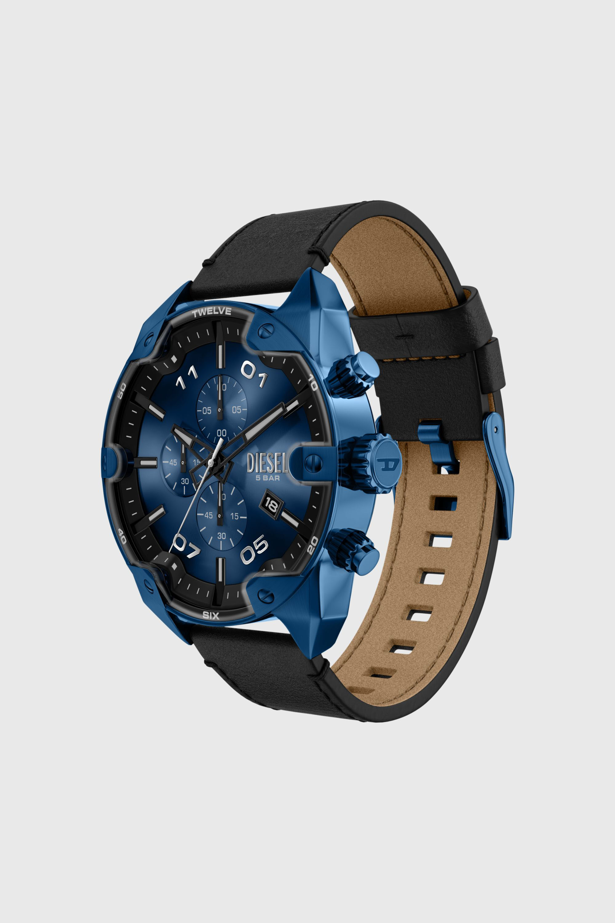 Diesel - DZ4703 WATCH, Male's Spiked Chronograph Black Leather Watch in ブラック/ブルー - 7