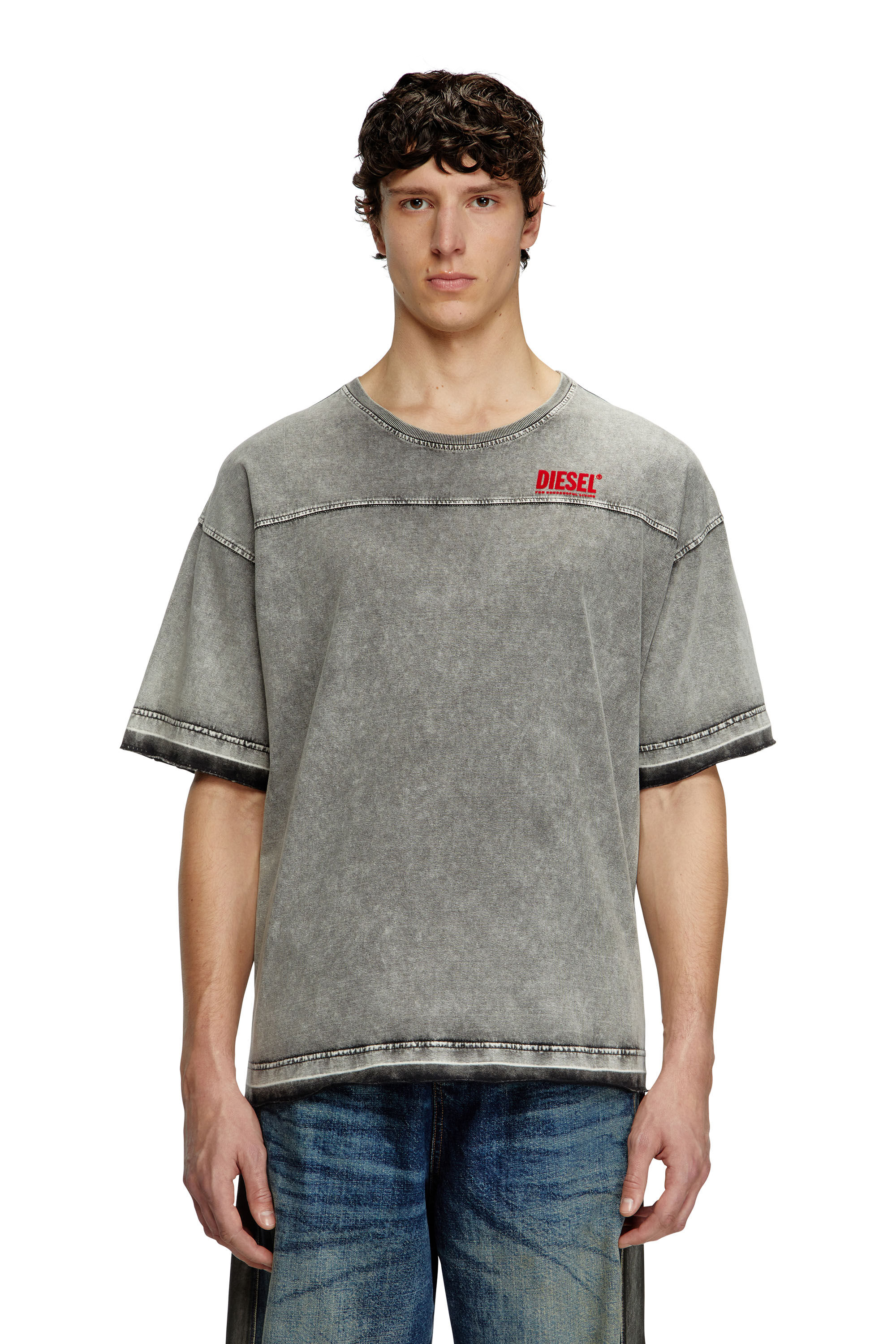 Diesel - T-HOXT, Male's Denim-look T-shirt with released hems in ライトグレー - 3