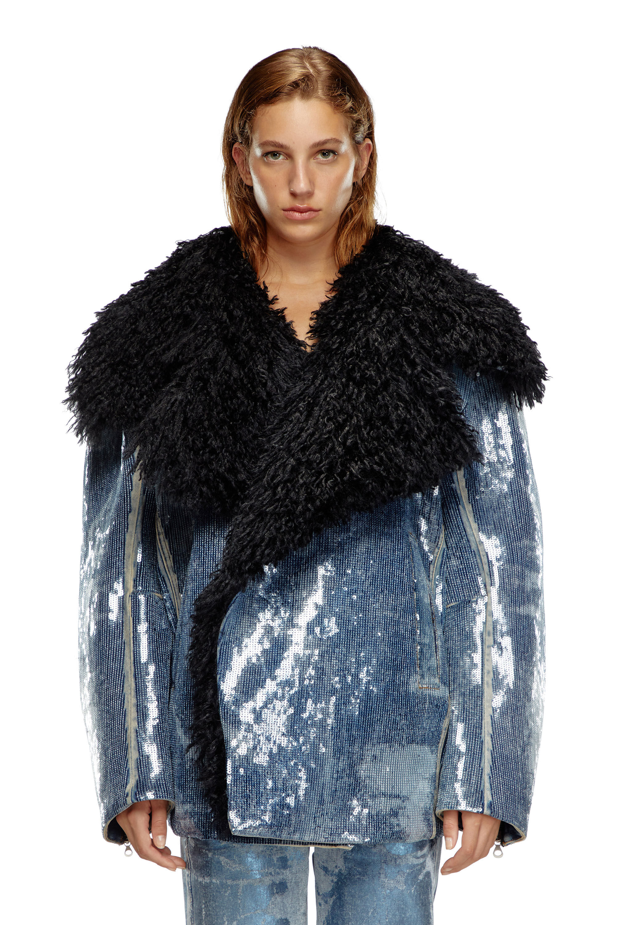 Diesel - DE-BIKA-S, Female's Sequin denim jacket with shaggy collar in ブルー - 3