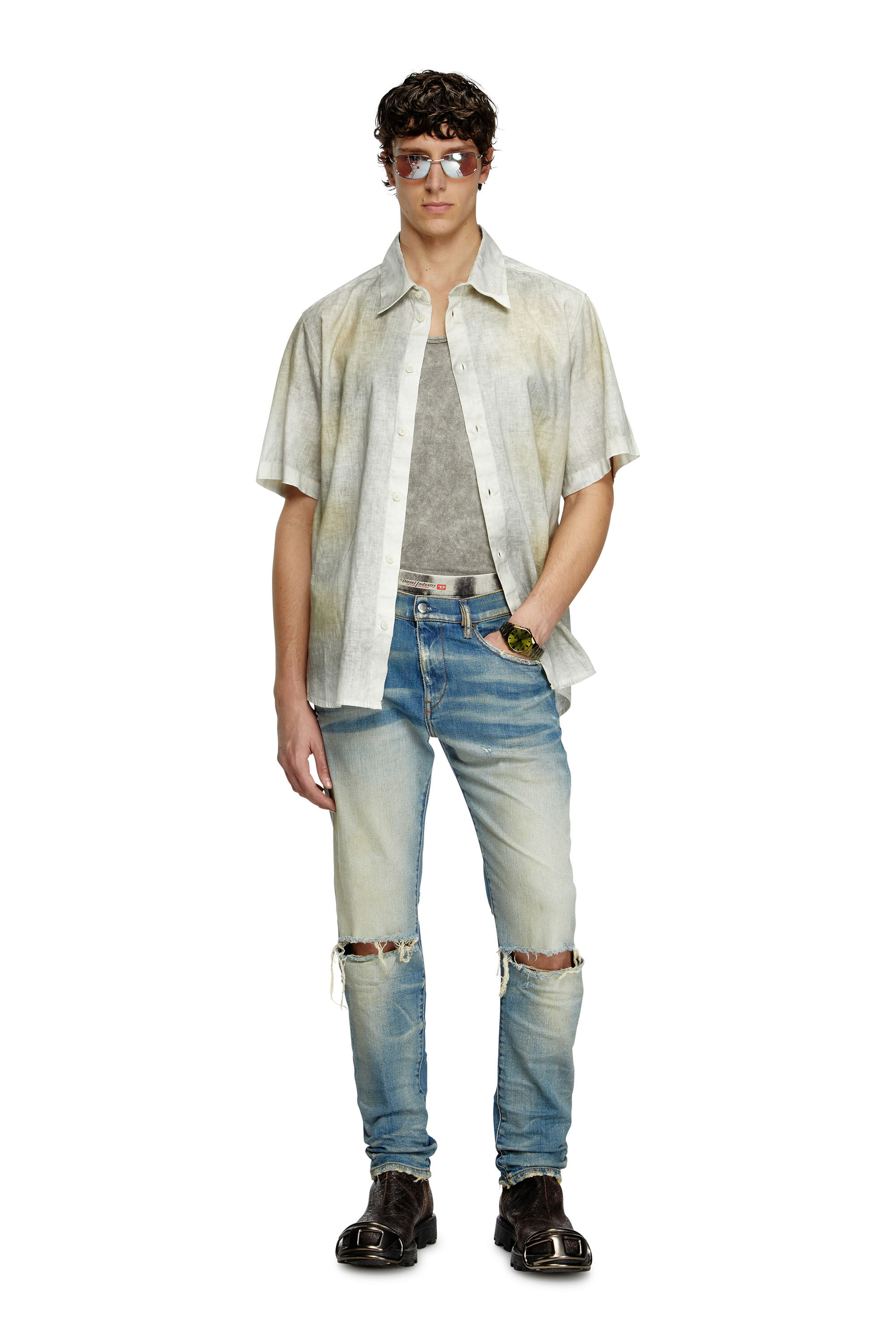 Diesel - S-LEIE-SHORT, Male's Treated linen-blend short-sleeve shirt in グレー/ホワイト - 1