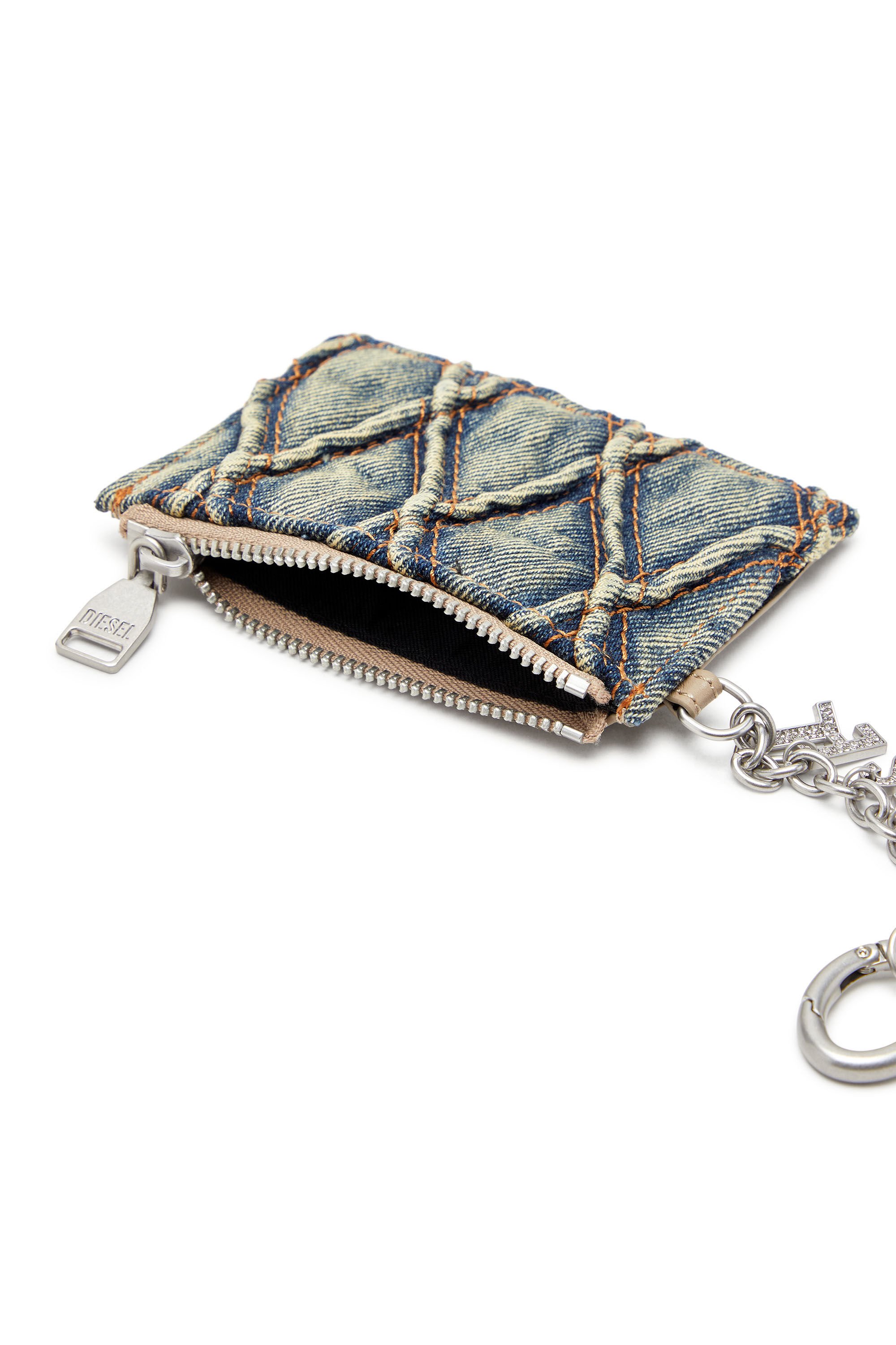 Diesel - CARD HOLDER WITH CHAIN, Female's Card holder in argyle quilted denim in ブルー - 3