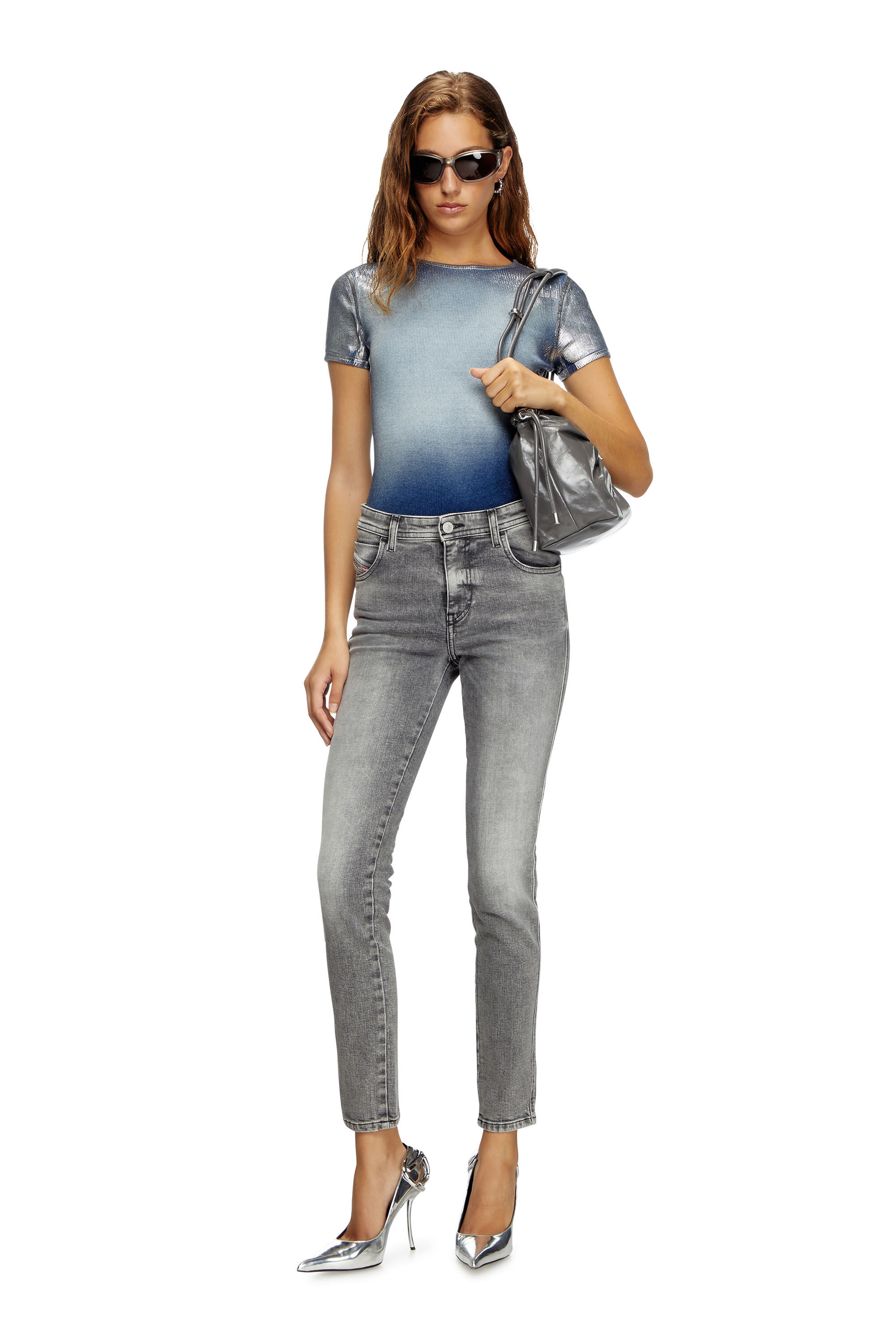 Diesel - T-ELE-LONG-Q1, Female's Faded metallic T-shirt in ライトブルー - 1