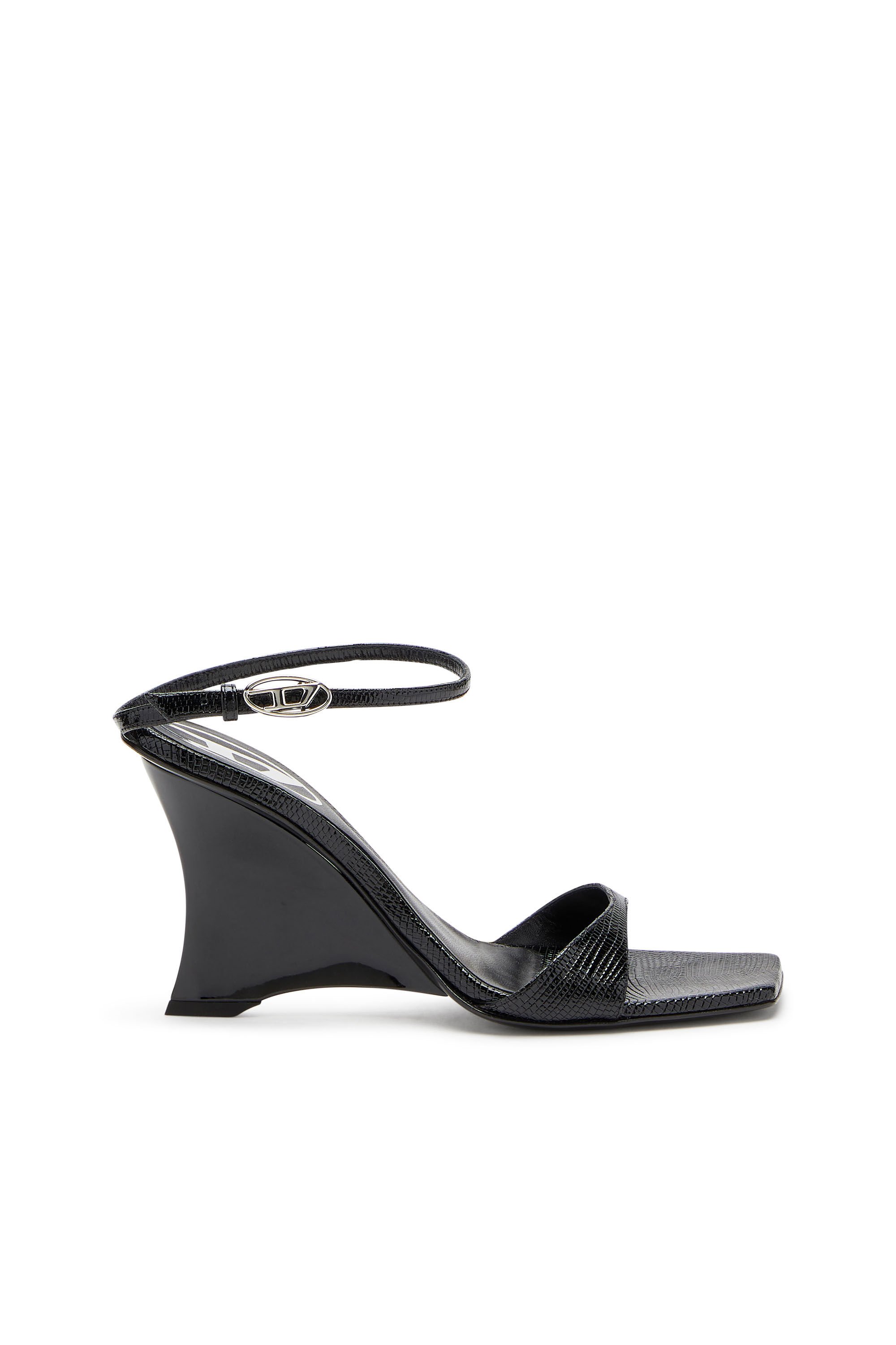 Diesel - D-AMBER SANDAL WEDGE, Female's D-Amber-Wedge sandals in lizard-effect leather in ブラック - 2