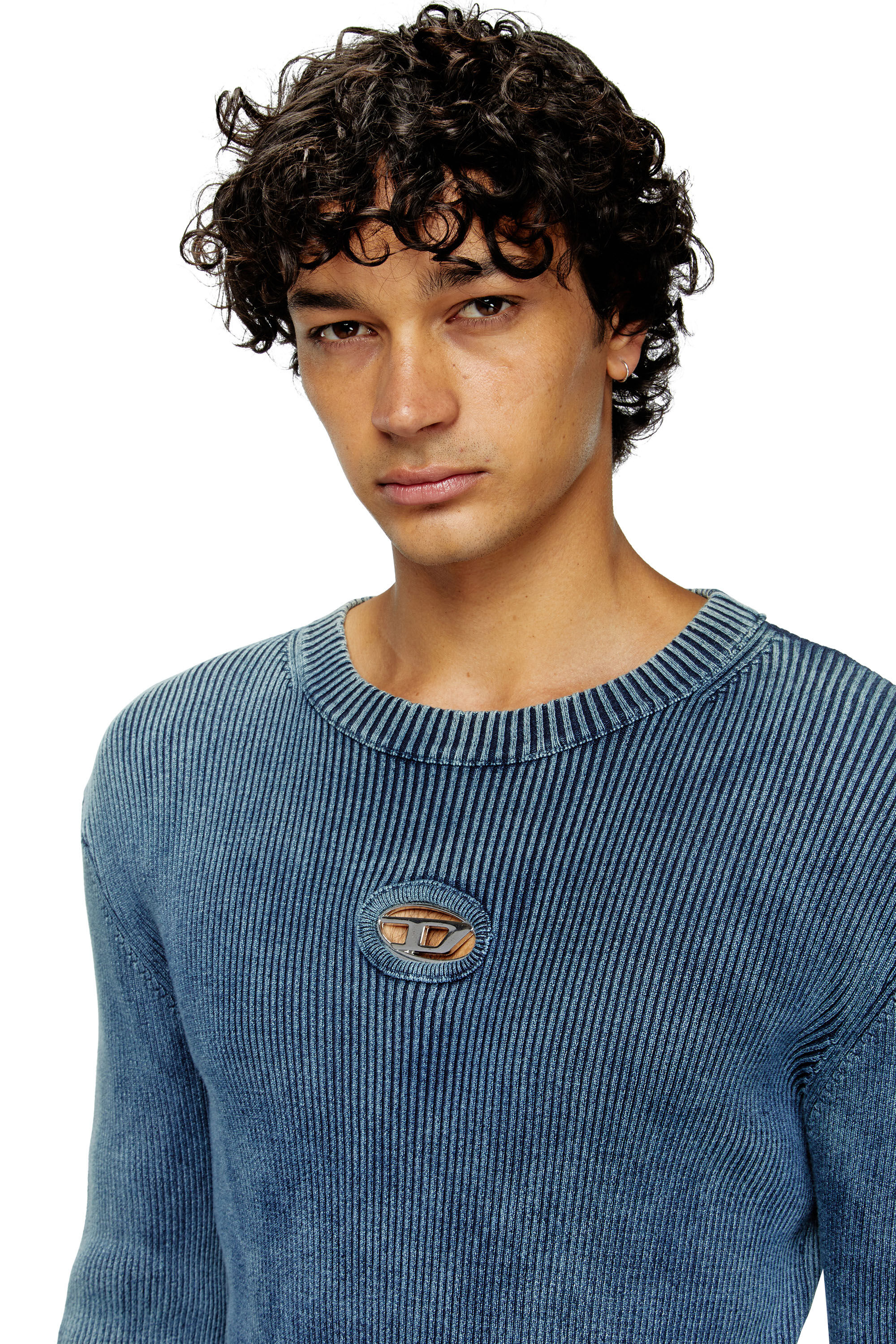 Diesel - K-DARIN-D, Male's Distressed jumper with cut-out logo in ブルー - 4