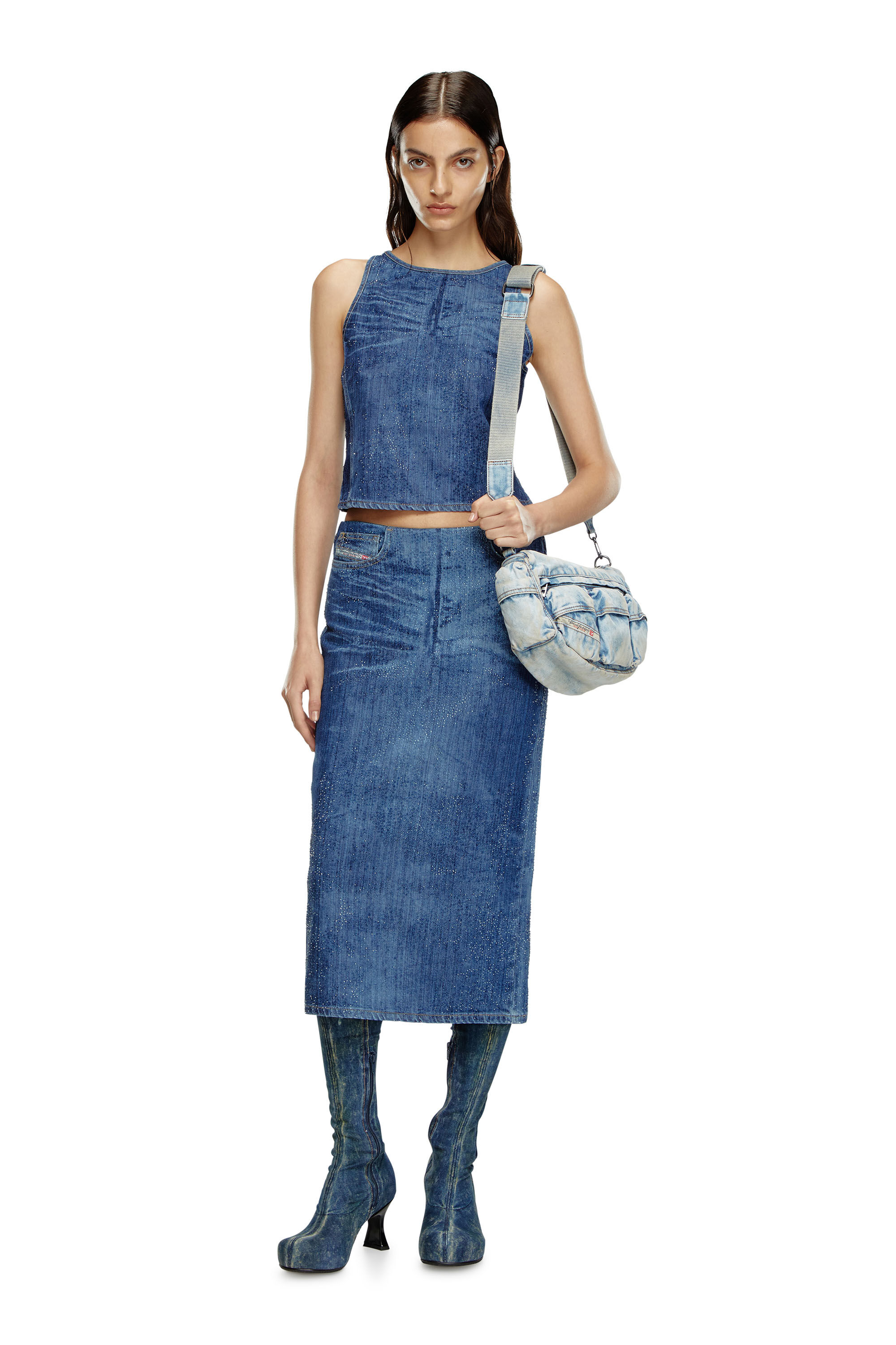 Diesel - DE-PLAQUE-S, Female's Racerback top in rhinestone denim in ミディアムブルー - 1