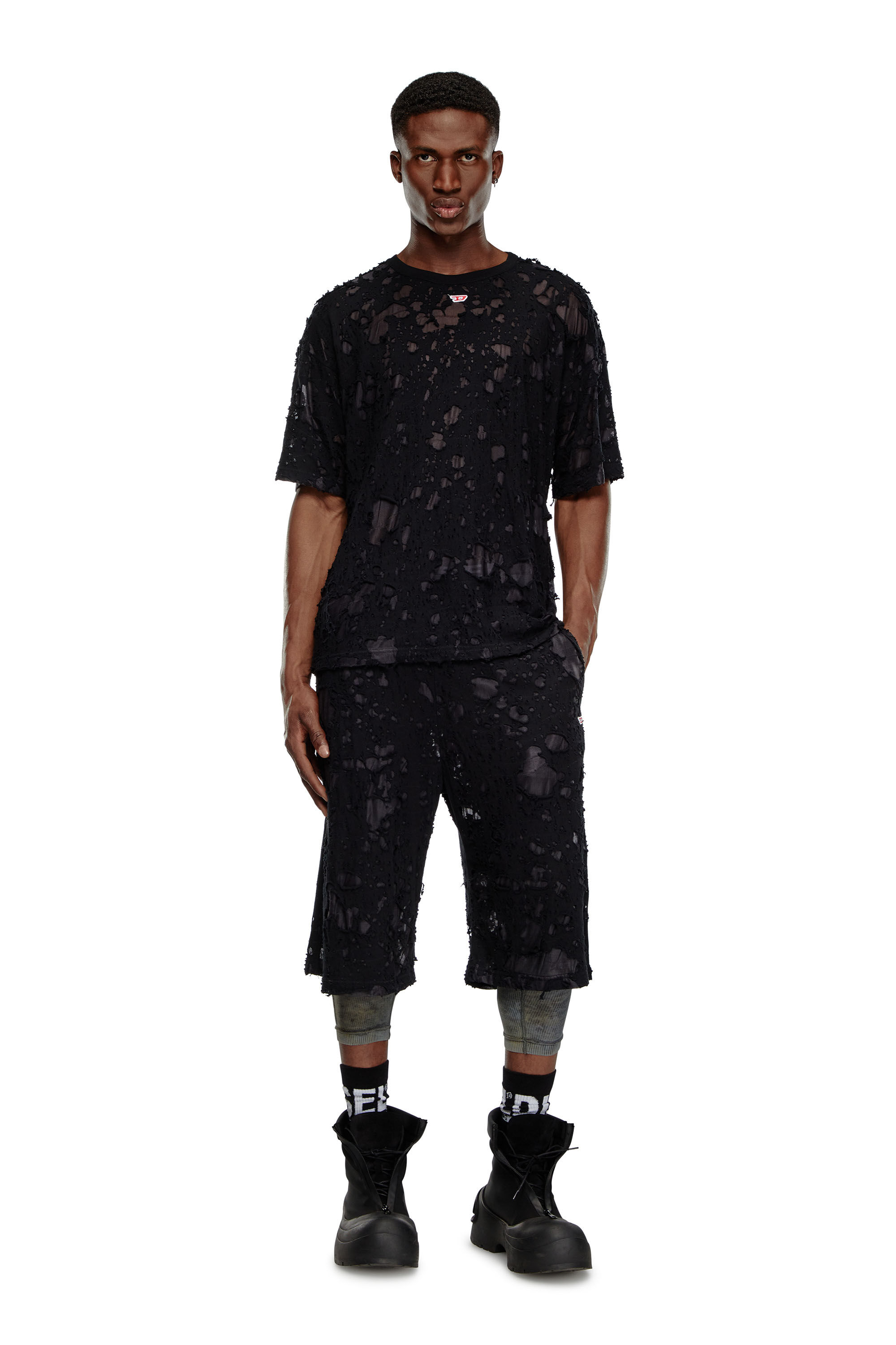 T-BOXT-Q3 Layered T-shirt with burn-out finish｜ブラック｜メンズ｜DIESEL