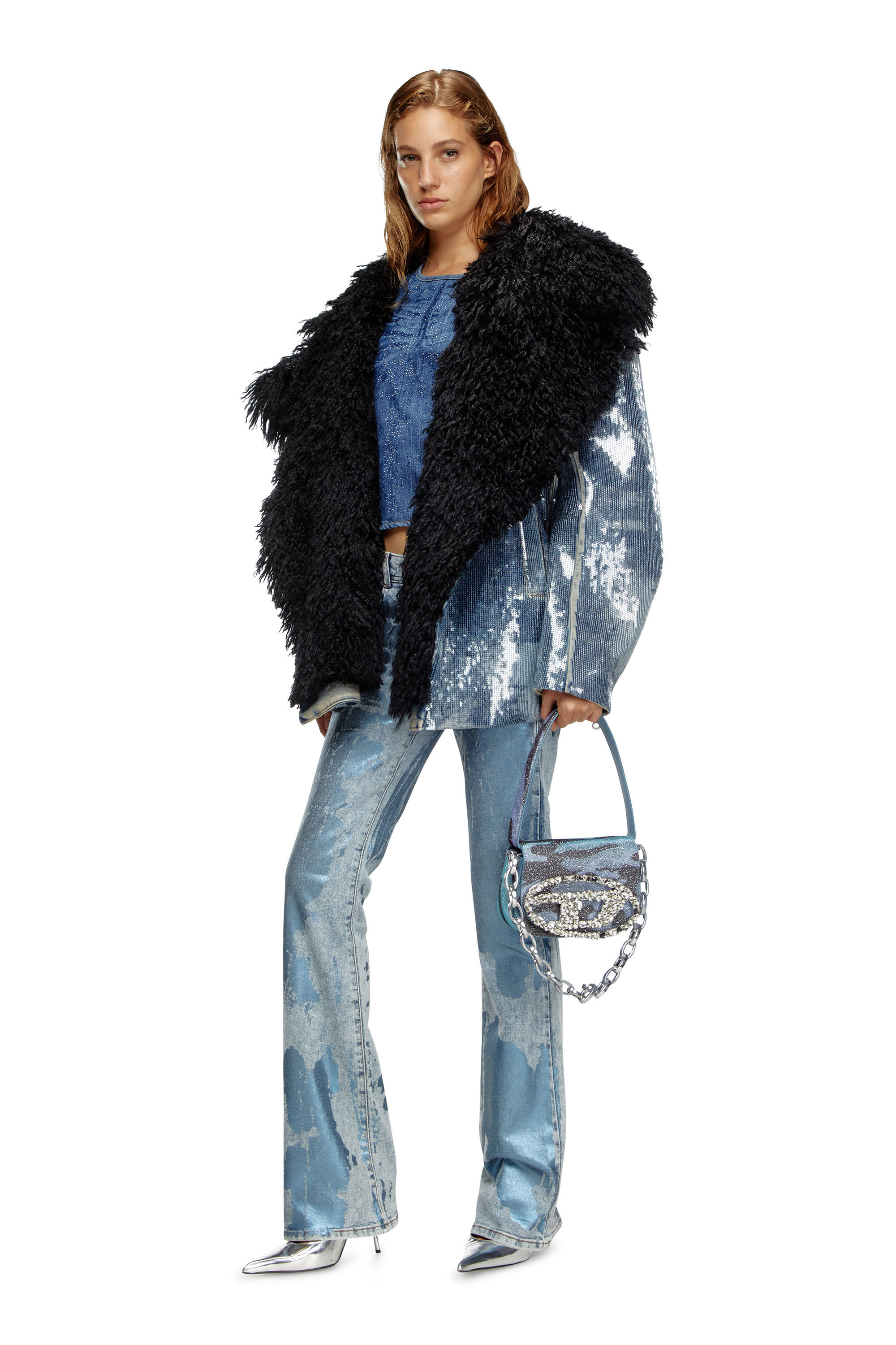 Diesel - DE-BIKA-S, Female's Sequin denim jacket with shaggy collar in ブルー - 1