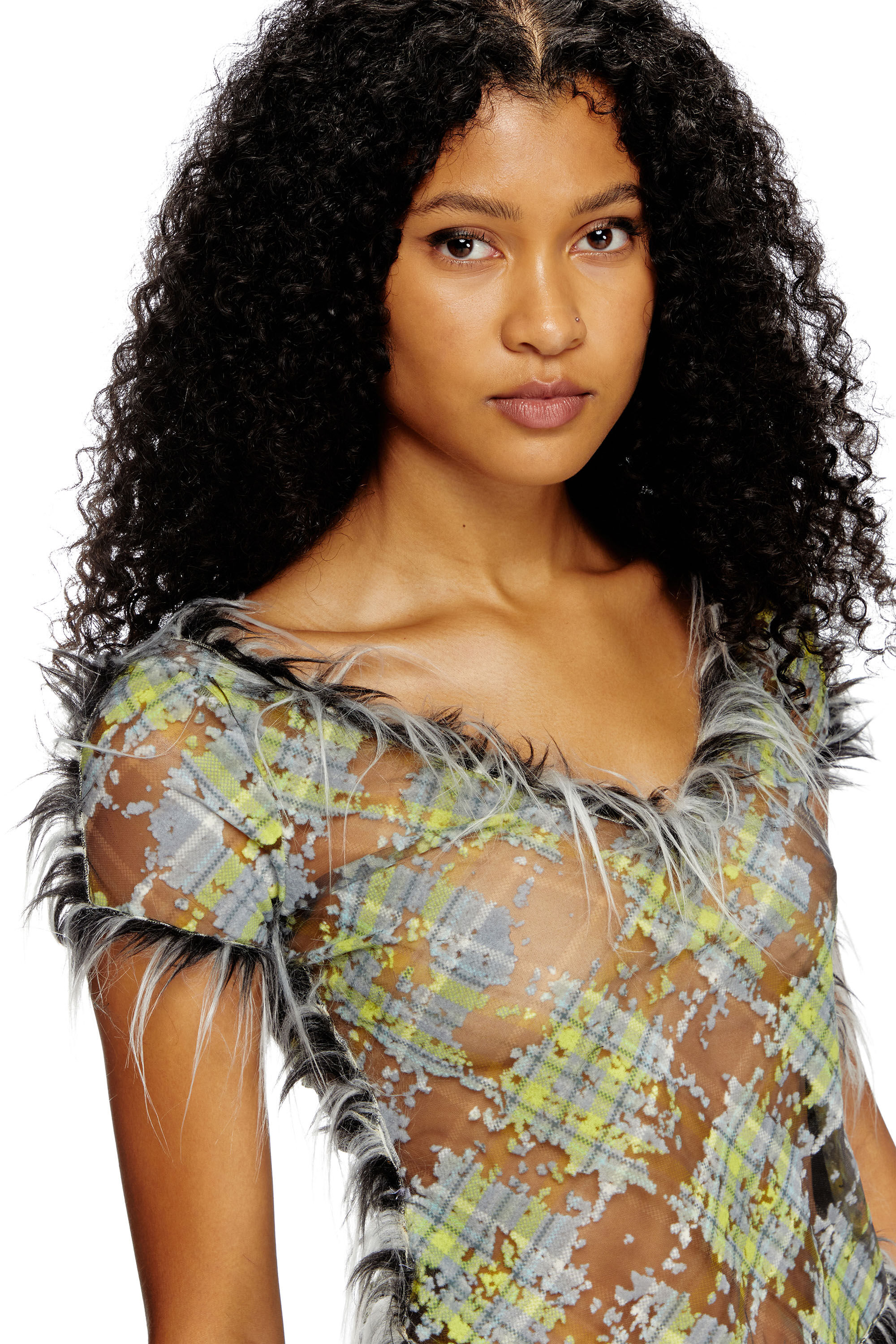 Diesel - T-UFFY, Female's Cropped top in fuzzy devoré check tulle in ブラック/グリーン - 5
