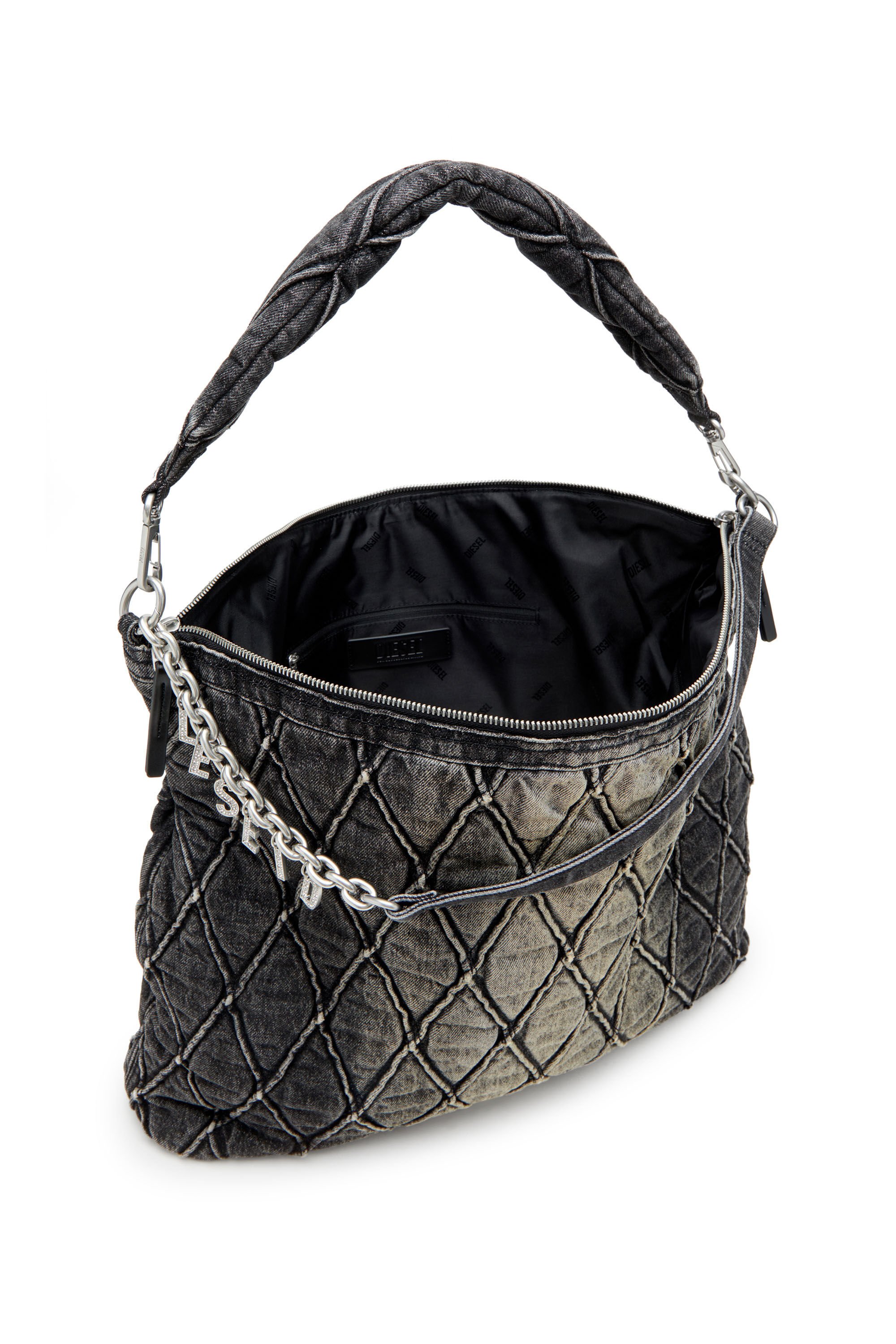 Diesel - CHARM-D HOBO, Female's Charm-D-Large hobo in treated quilted denim in ブラック - 5