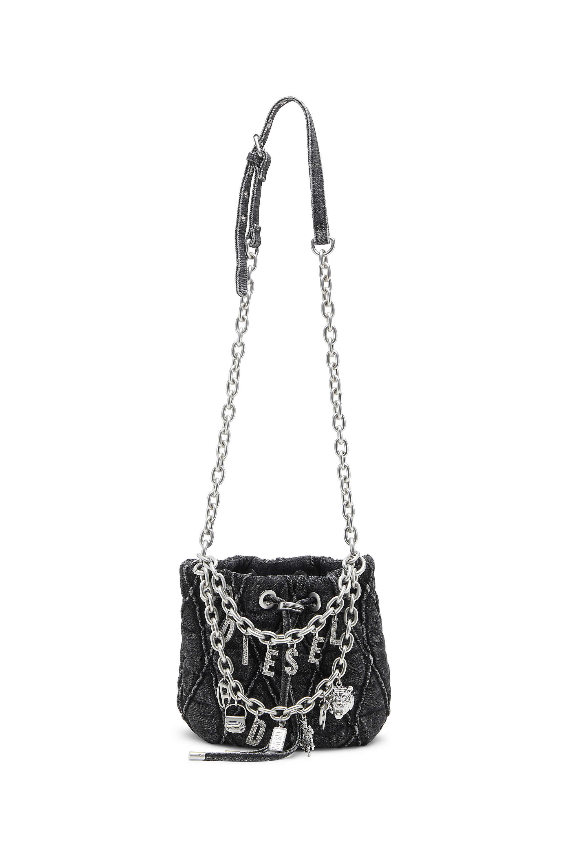 Diesel - HOSHI CHARM-D BUCKET S, Female's Quilted-denim bucket bag with chain charms in ブラック - 1