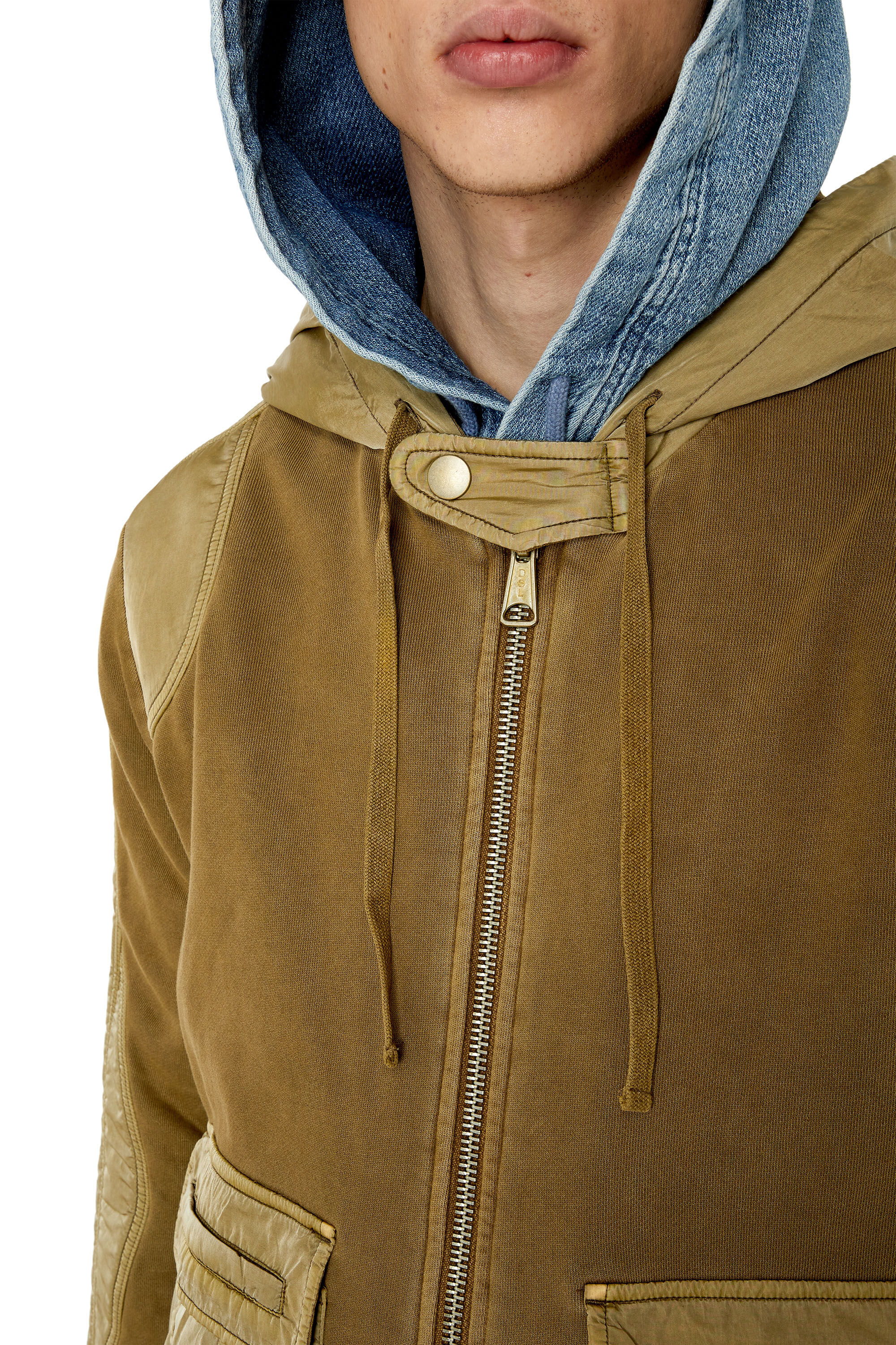 Diesel - S-SOFOGINN, Male's スウェット ジップアップ パーカー 3Dポケット ナイロン切り返し in ミリタリーグリーン - 4