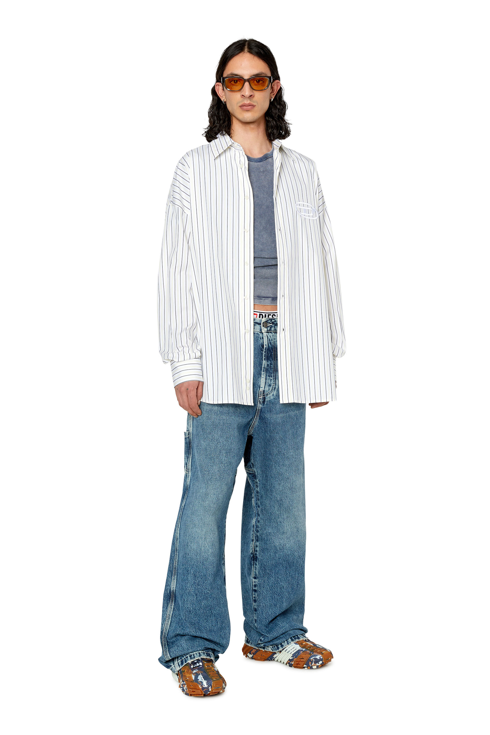 Diesel - S-DOUBLY-STRIPE, Male's シャツ オーバ―サイズ in ホワイト/イエロー - 1