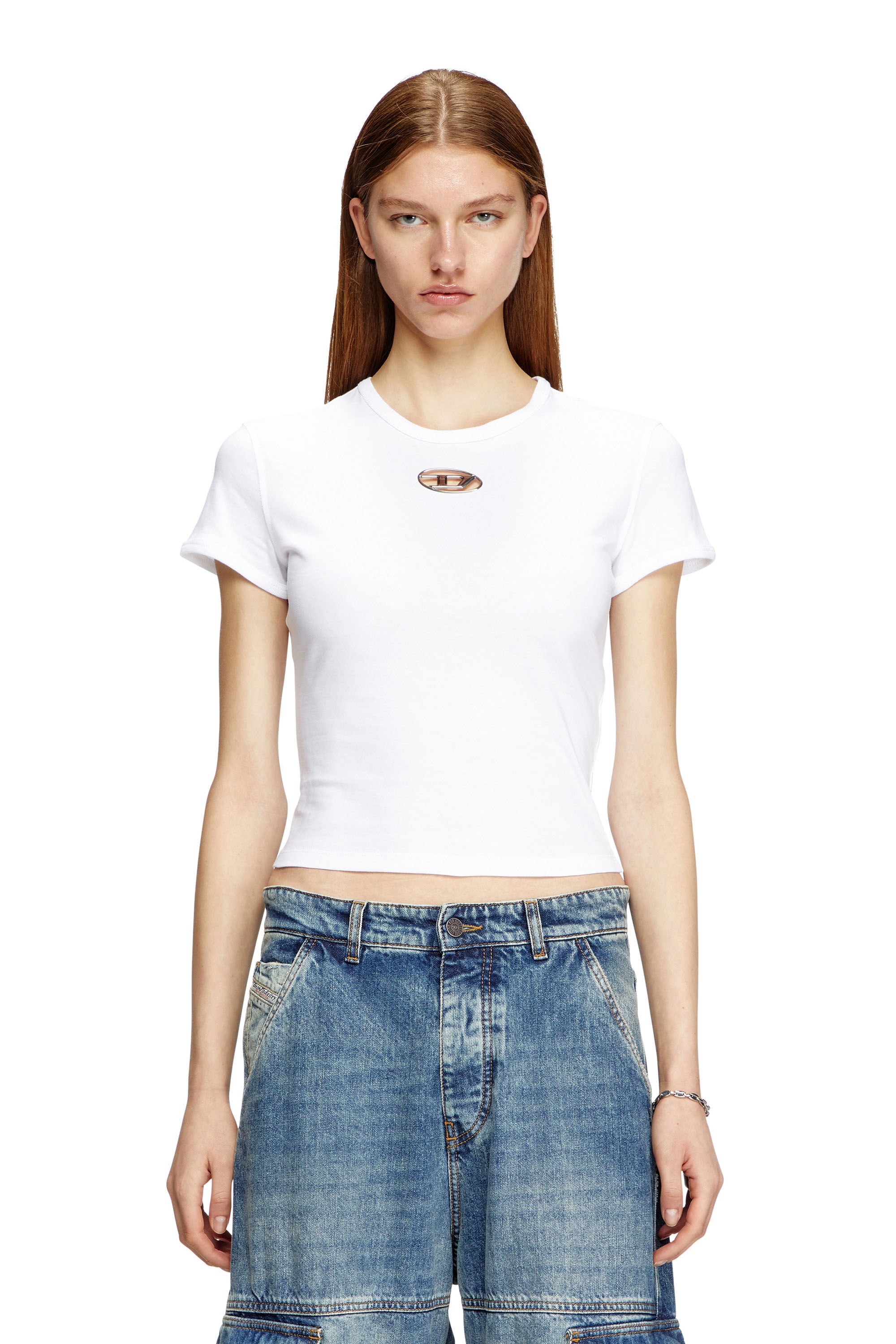 Diesel - T-UNCUTIE-LONG-OD-Q1, Female's Slim fit T-shirt with cut-out Oval D in ホワイト - 3
