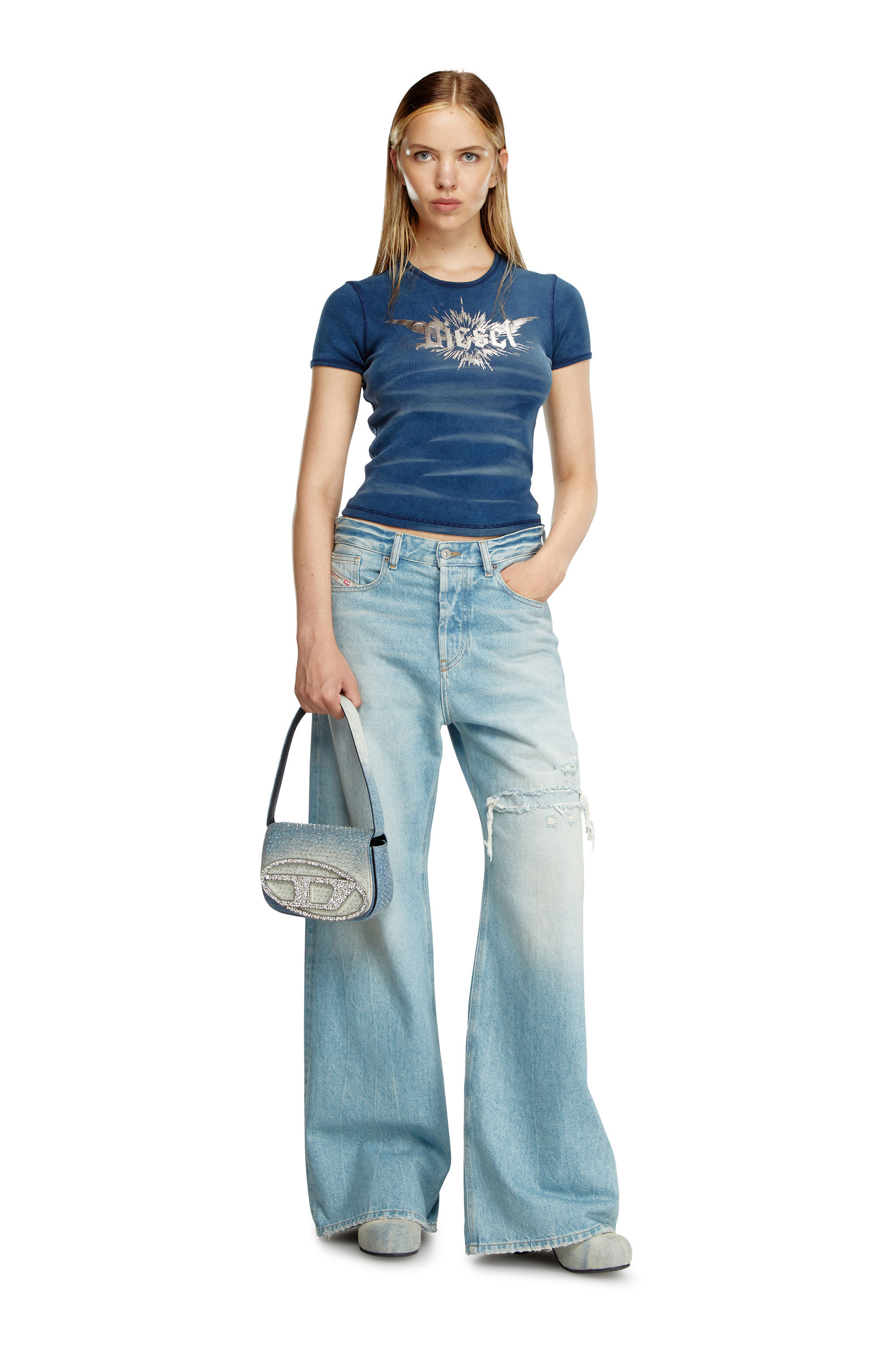 Diesel - 1DR, Female's デニムビジューショルダーバッグ in ライトブルー - 1