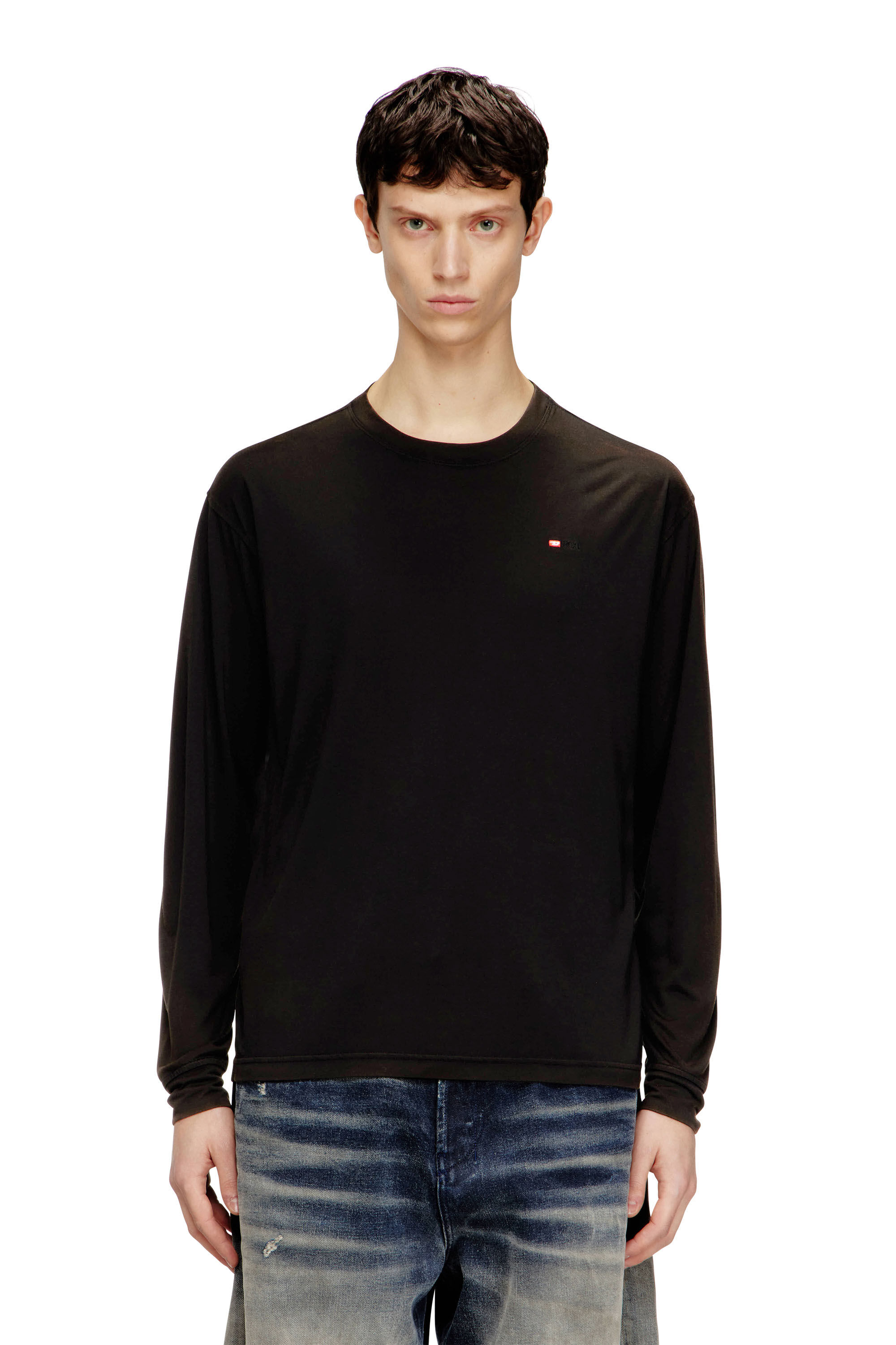 Diesel - T-NORMS-LS, Male's Fluid long sleeve T-shirt with micro embroidery in ブラック - 3