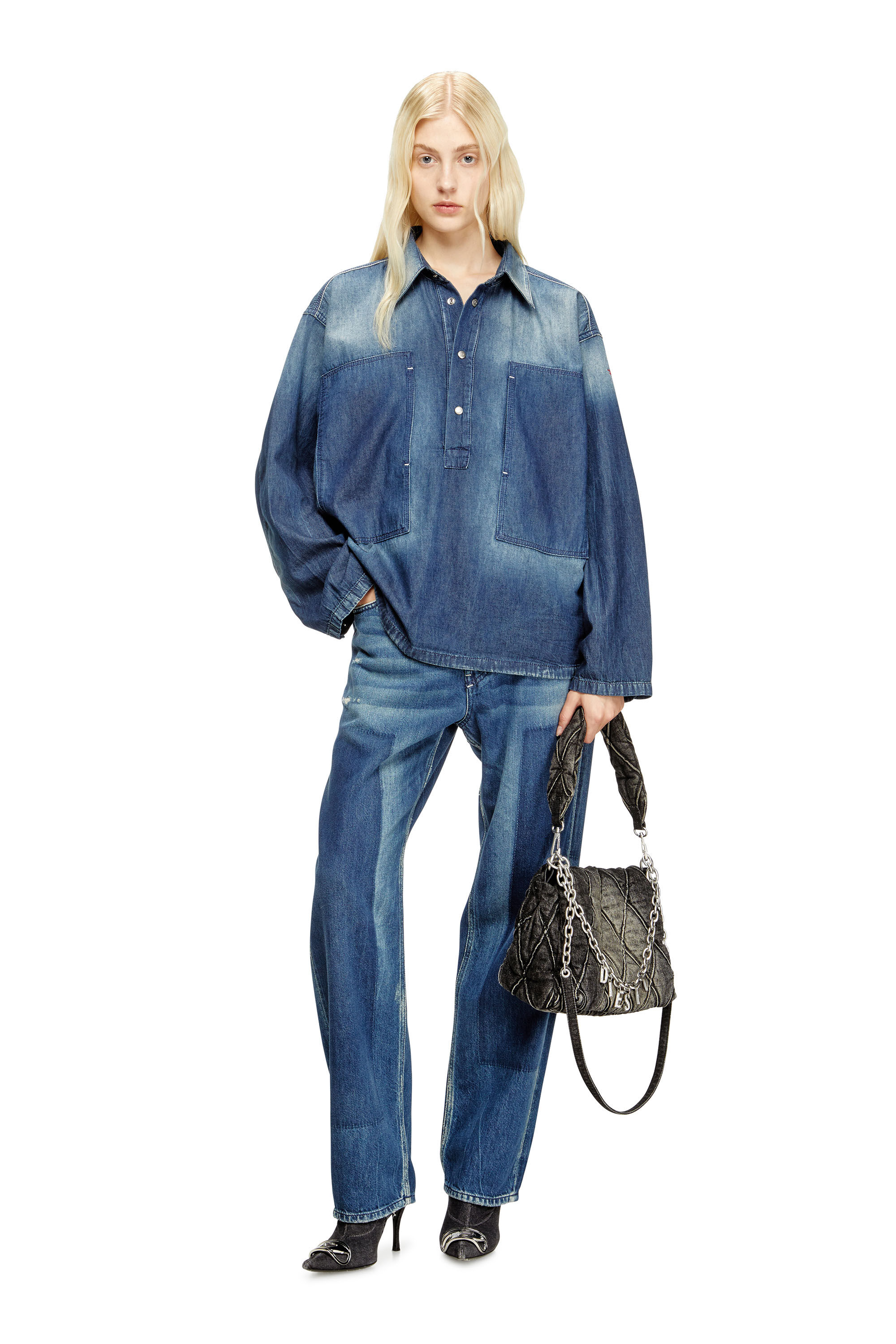 DE-PRISS Henley top in contrast-effect denim｜ブルー｜ウィメンズ