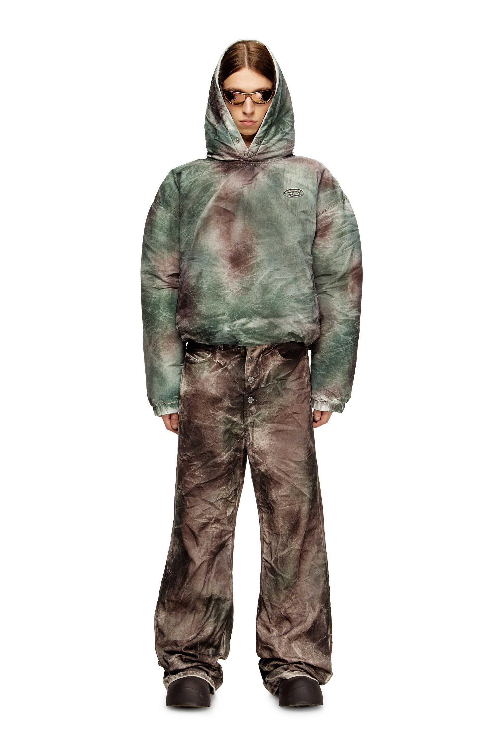 Diesel - W-THUG-JKT-PUFFY, Unisex's Puffy hooded jacket in camo nylon in ブラウン/グリーン - 1