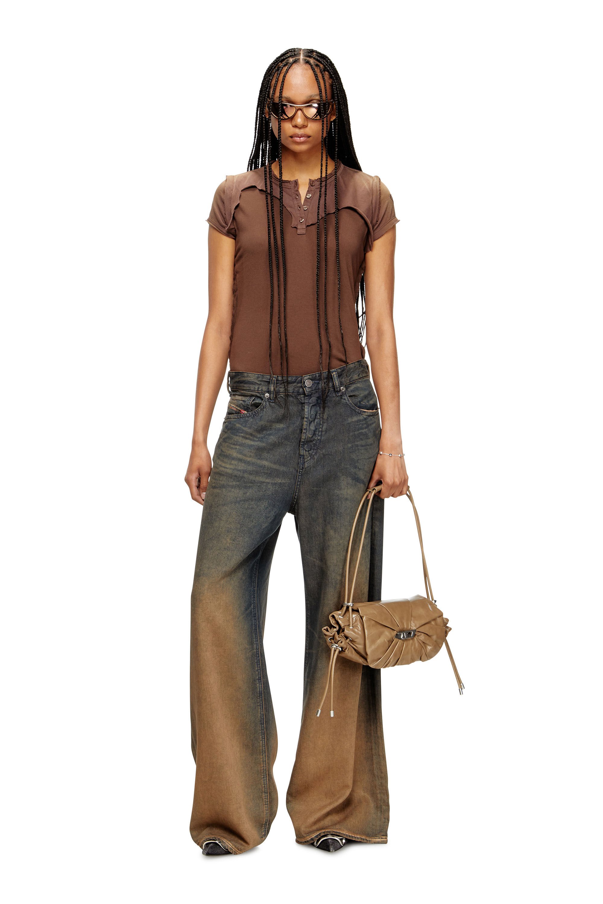 Diesel - T-UNRAWY, Female's Henley T-shirt with peel-off effect in ブラウン - 1