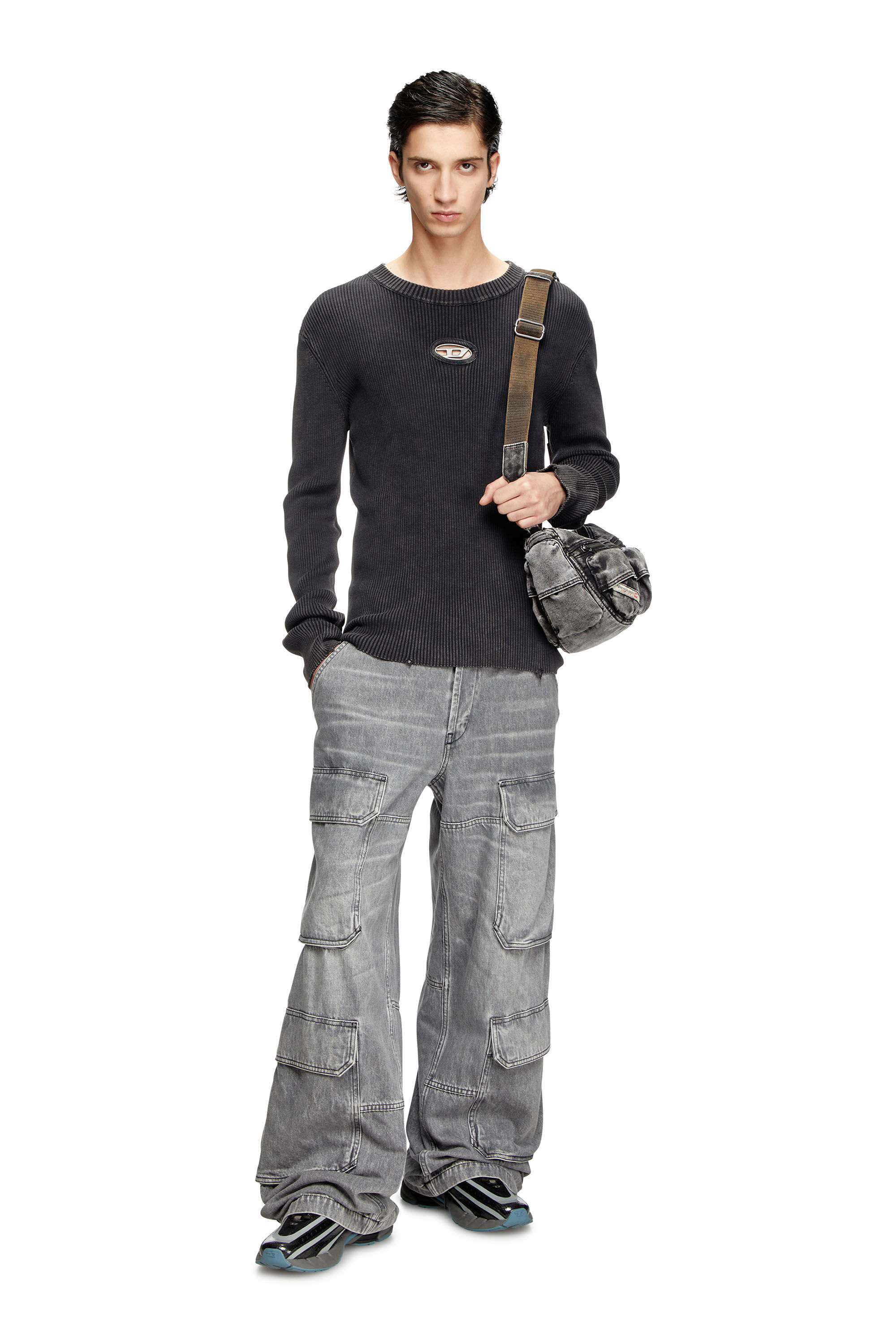 Diesel - K-DARIN-D, Male's Distressed jumper with cut-out logo in ブラック - 1
