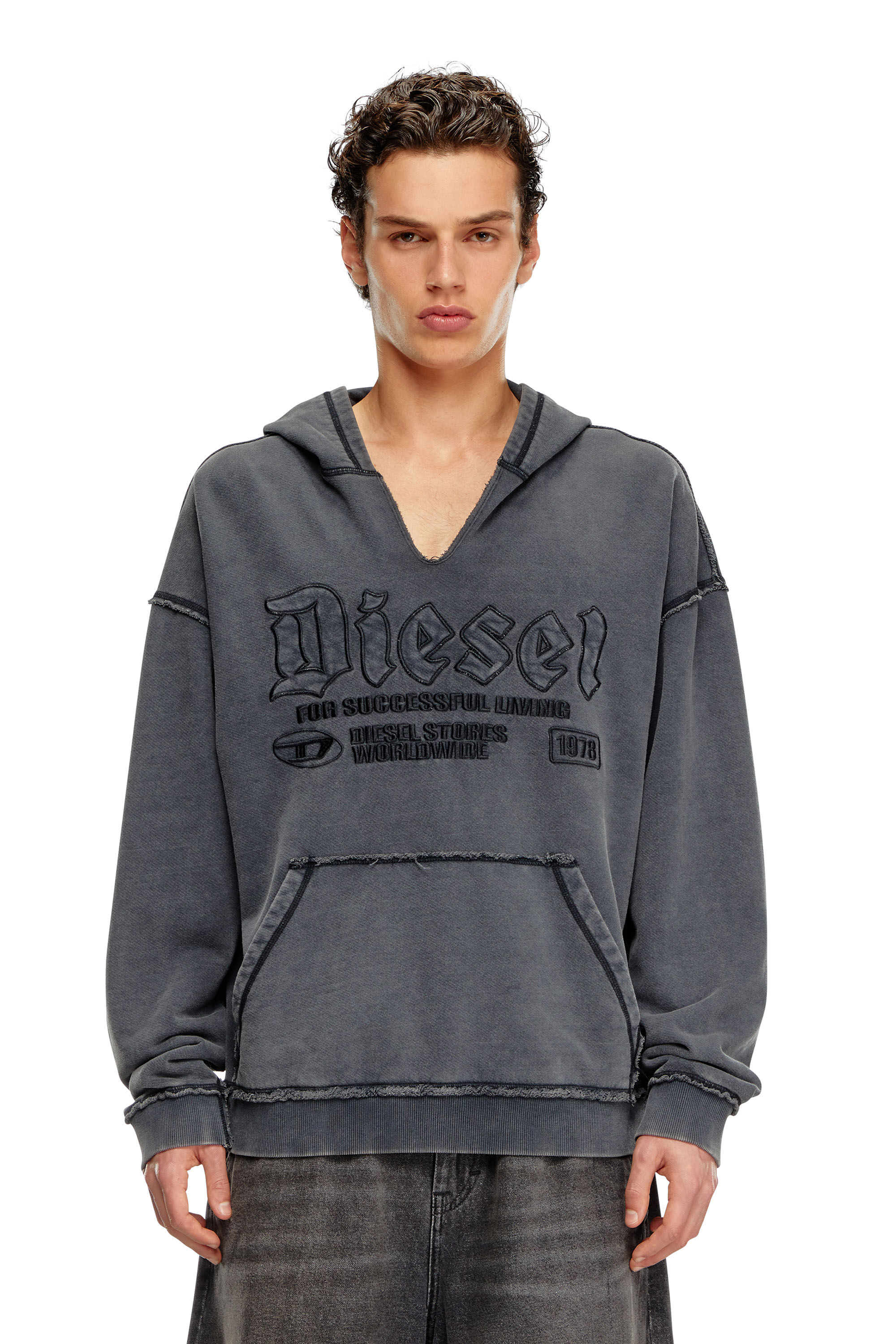 Diesel - S-BOXT-HOOD-RAW, Male's V-neck hoodie in treated jersey in ブラック - 4