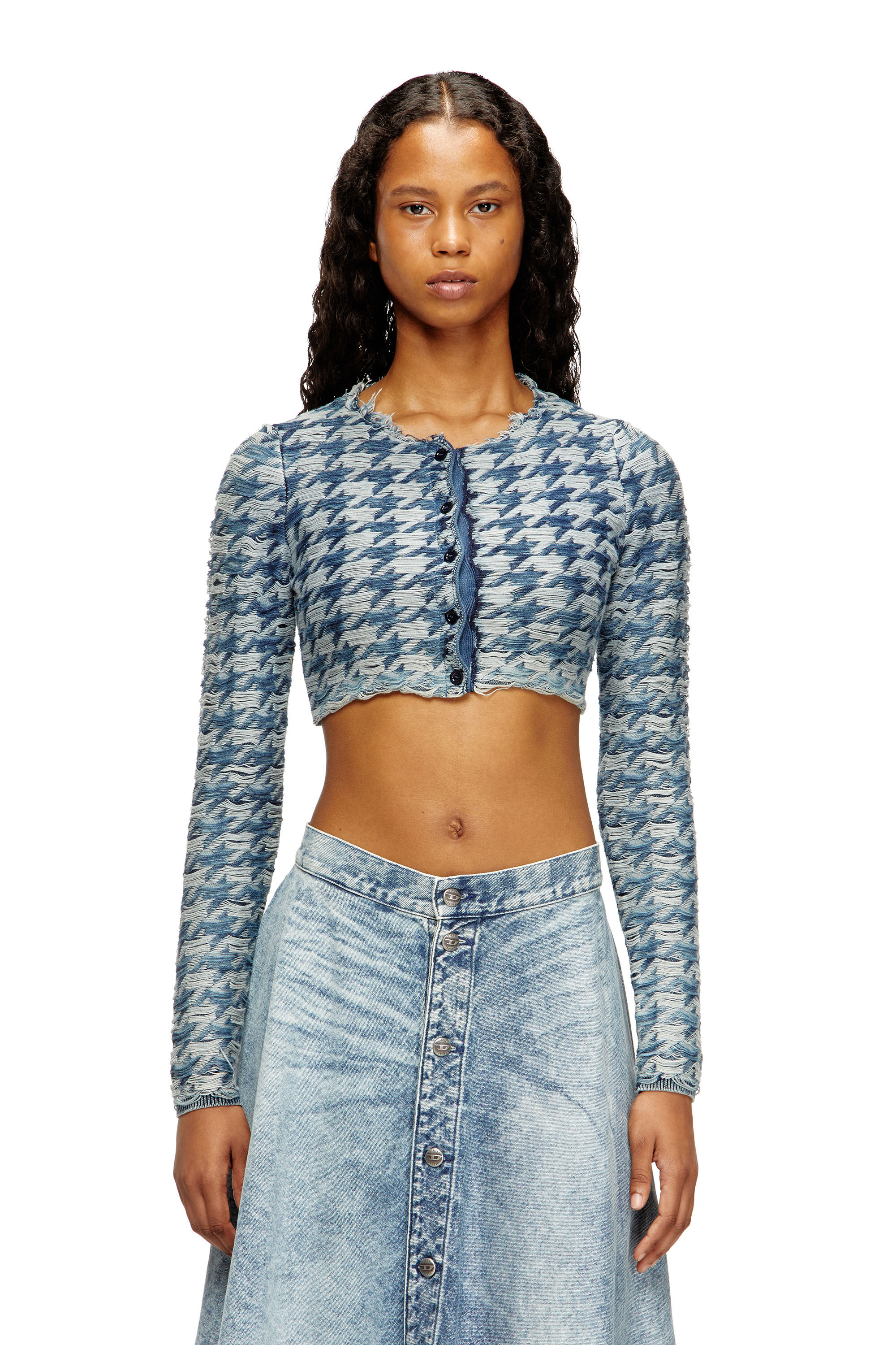M-HELLA Crop cardigan in denim-look houndstooth jacquard｜ブルー