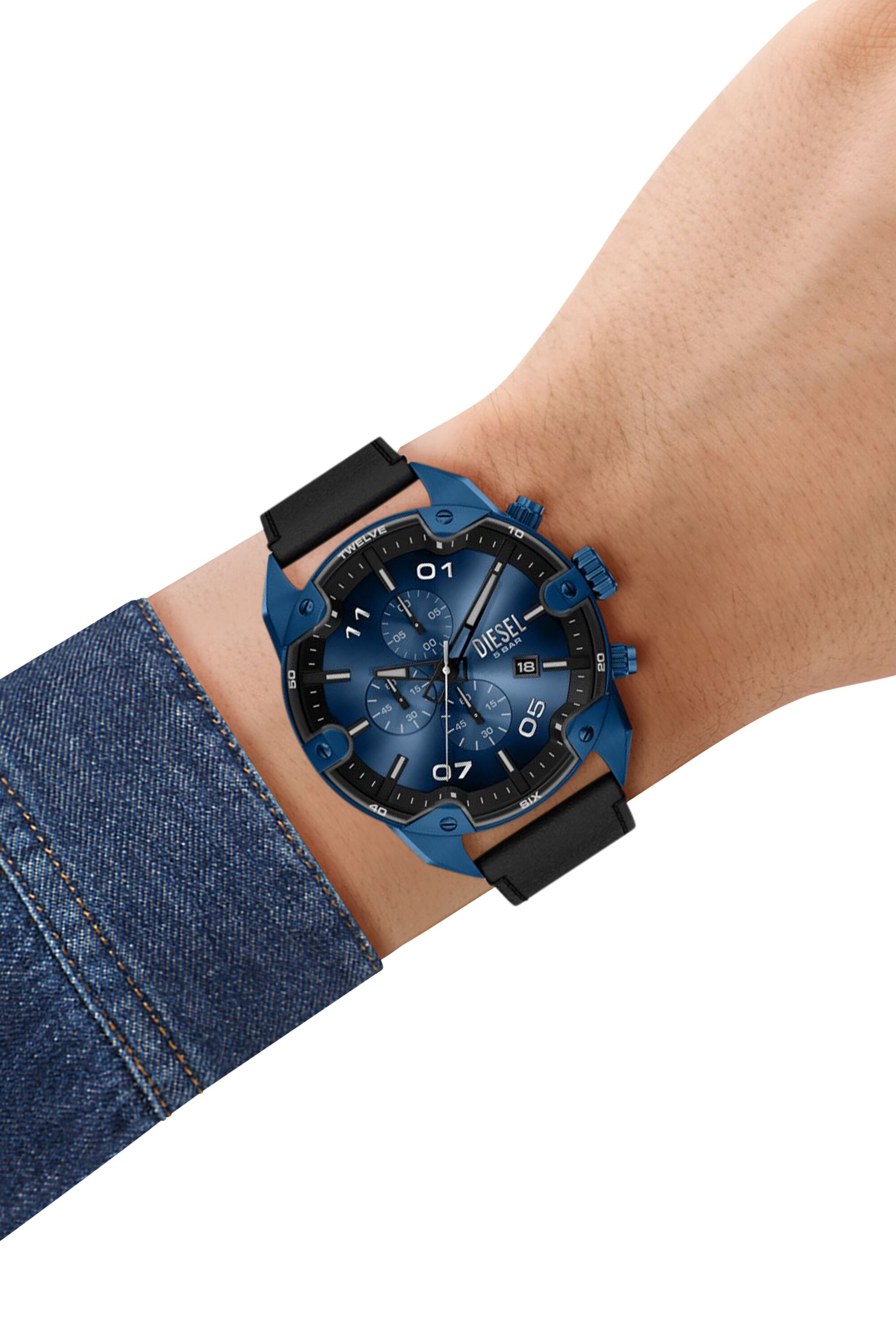 Diesel - DZ4703 WATCH, Male's Spiked Chronograph Black Leather Watch in ブラック/ブルー - 8
