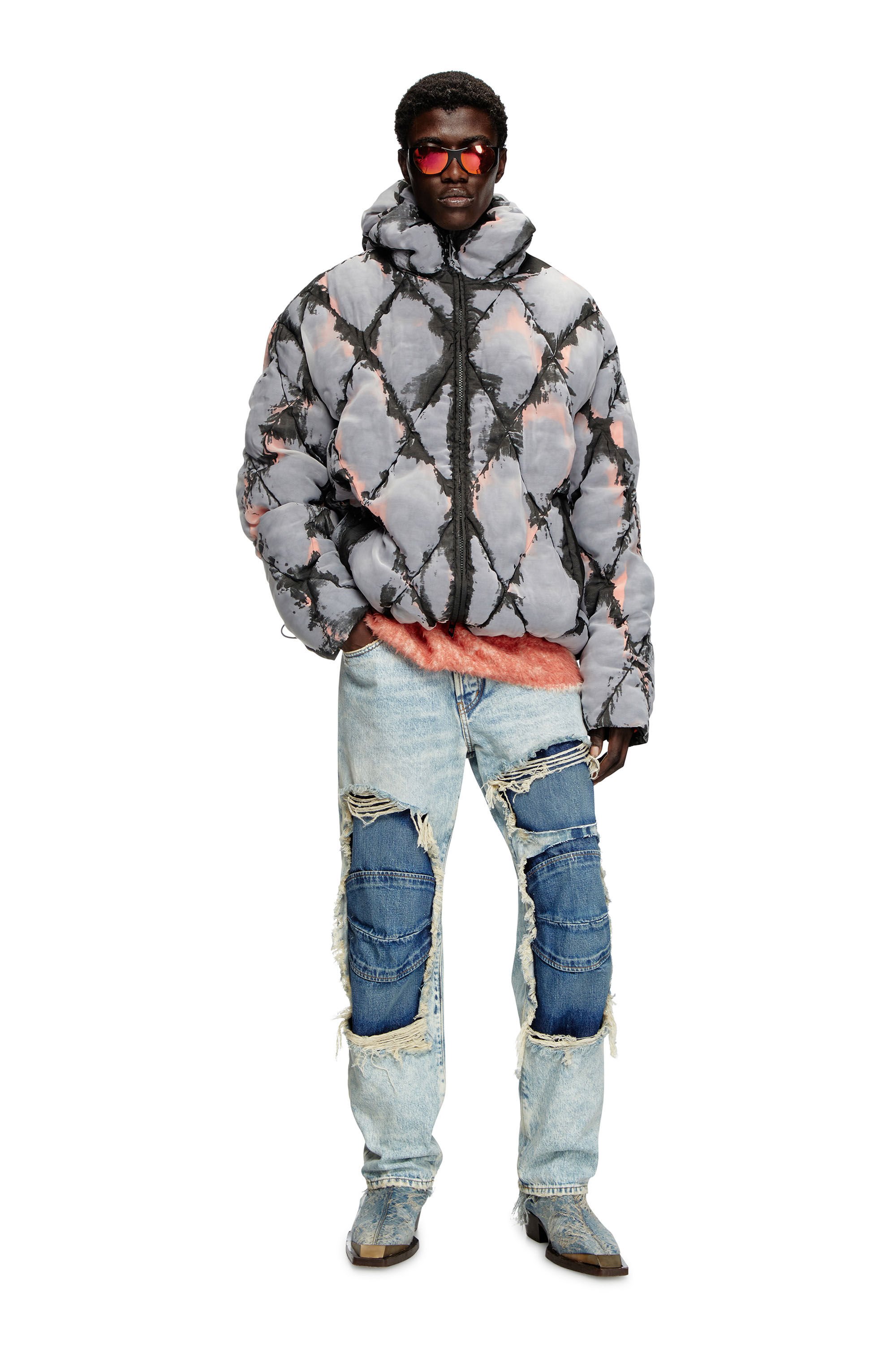 Diesel - W-DOM, Male's Hooded devoré argyle puffer jacket in ブラック/オレンジ - 1