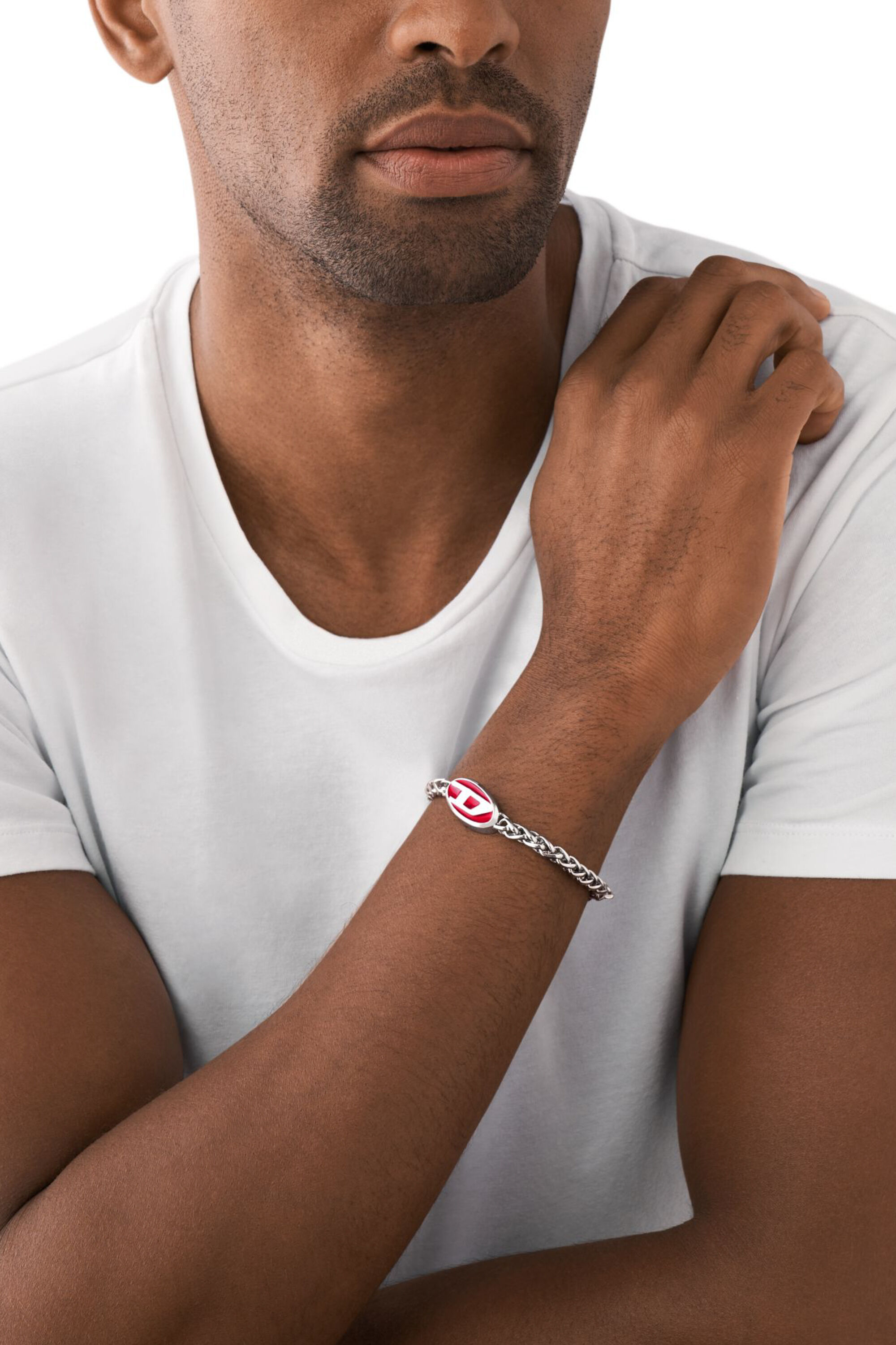 DX1445 Red enamel and stainless steel chain bracelet｜シルバー 