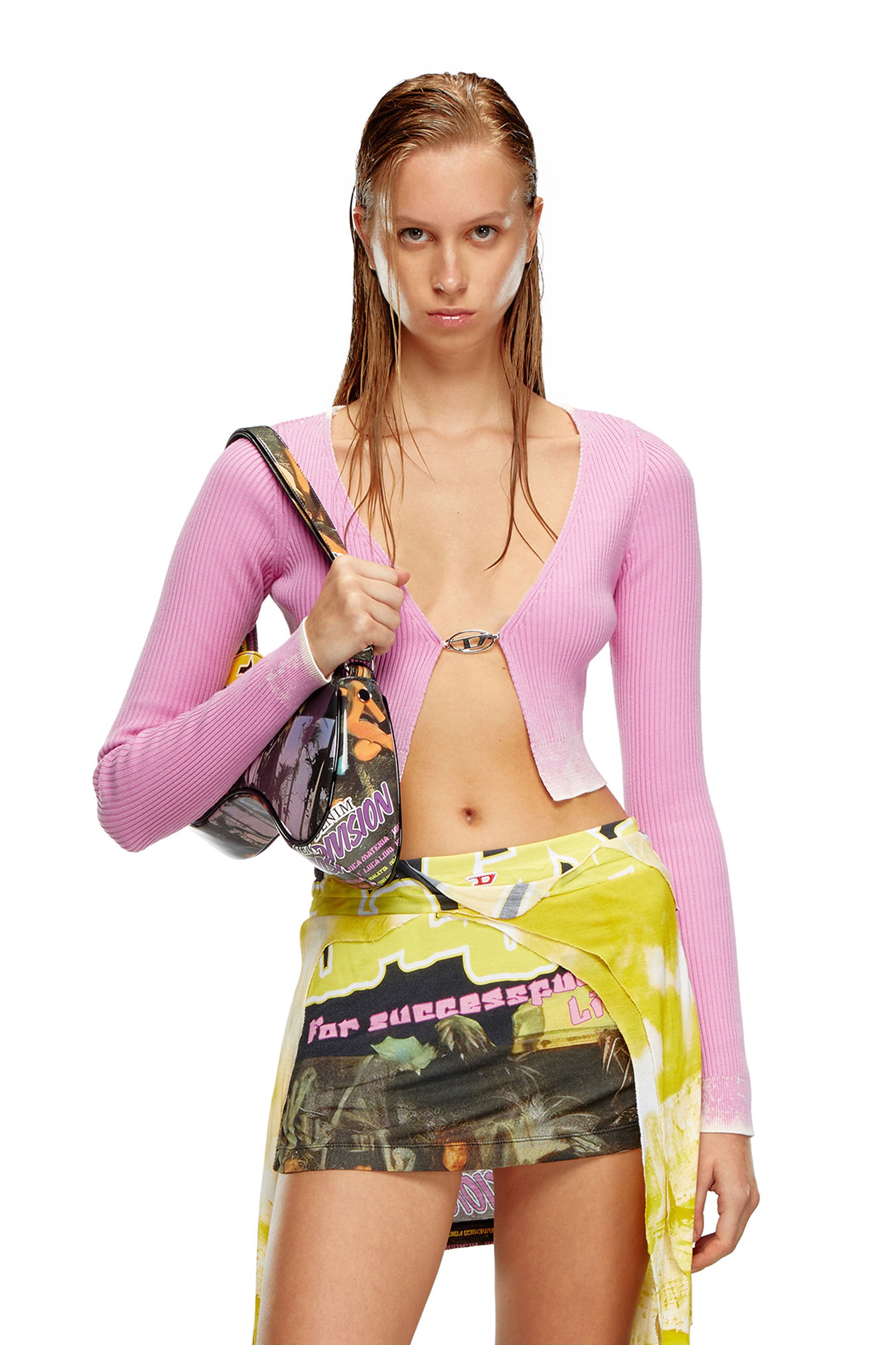 M-LATINA Cropped cardigan in faded ribbed knit｜ピンク｜ウィメンズ  