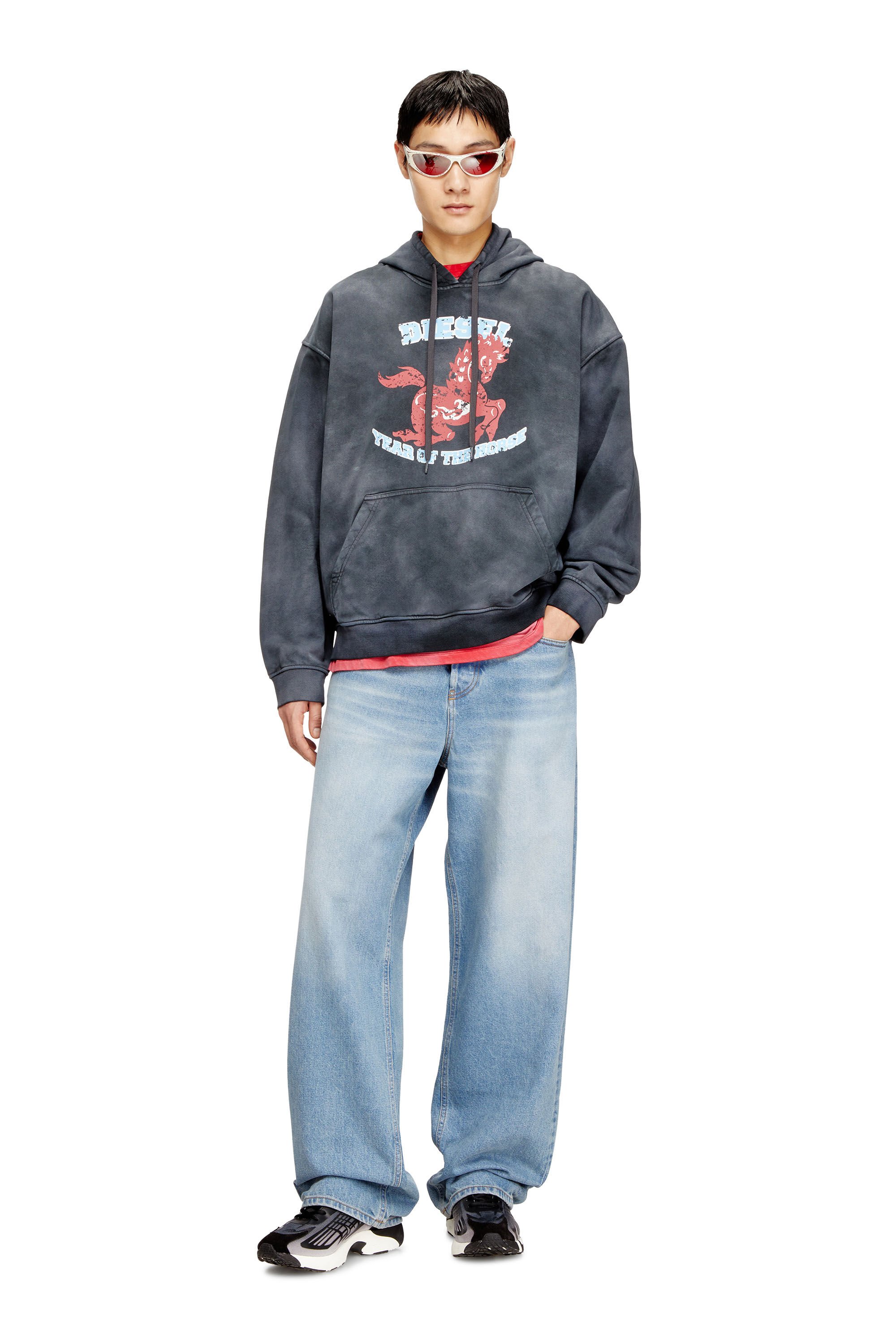 Diesel - CL-S-BOXT-HOOD-HORSE, Male's Hoodie tie-dye with horse graphic print in グレー - 1