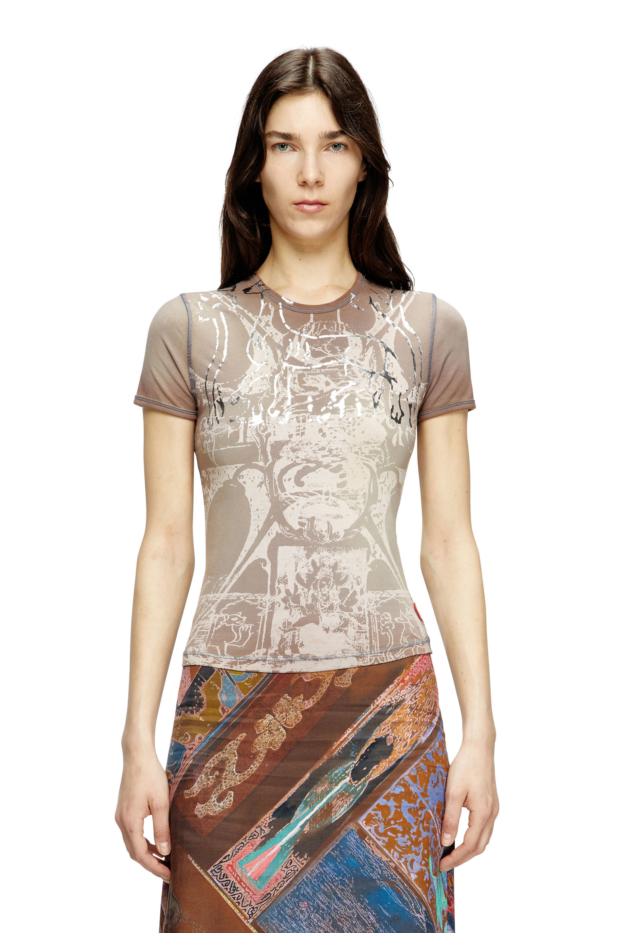 Diesel - T-UNCUTIES-LONG-R6, Female's T-shirt with foil print in ライトブラウン - 3