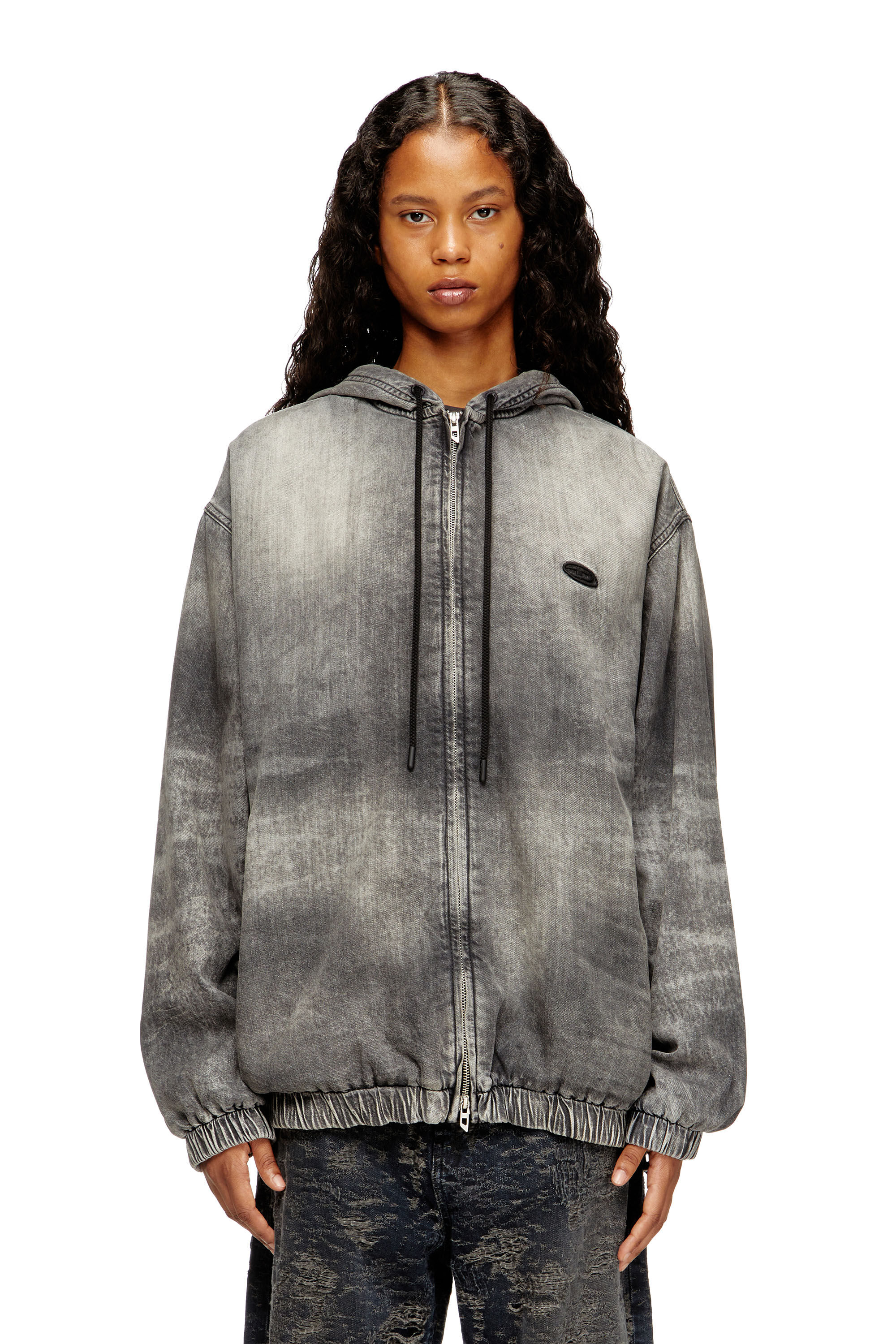 Diesel - D-OFFY-S, Unisex's Hooded jacket in marbled coated denim in ブラック/ダークグレー - 5