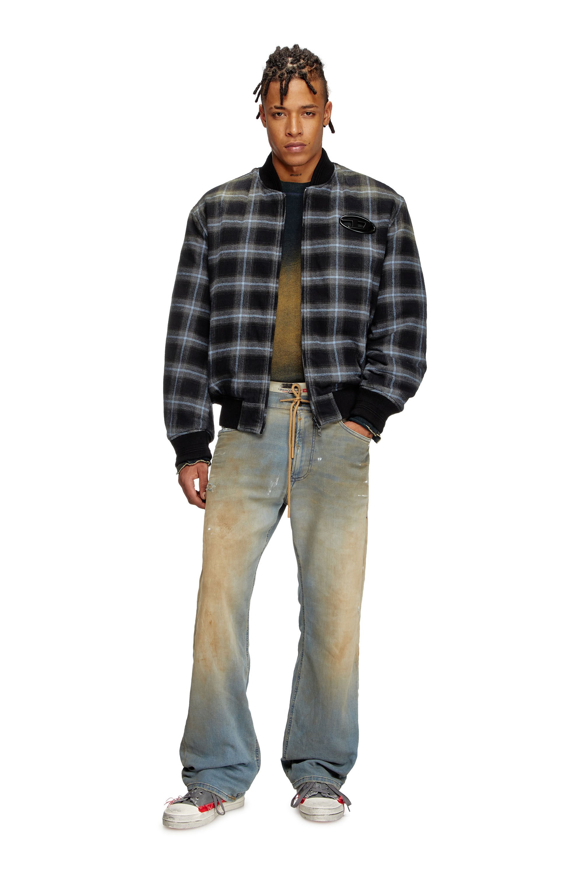 Diesel - J-SAINT, Male's Padded bomber jacket in check flannel in ブラック/ブルー - 1