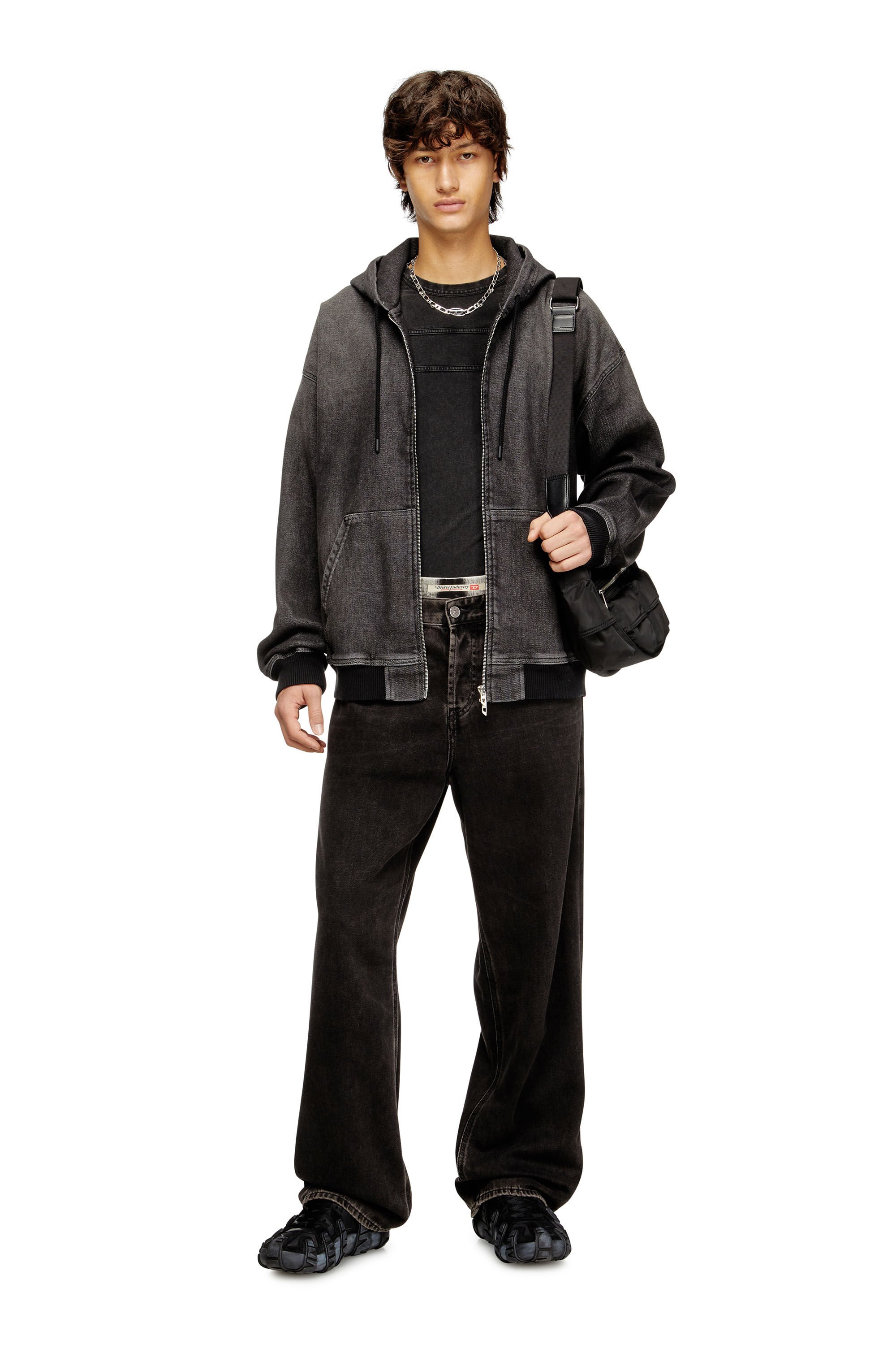 Diesel - D-GIRI-S TRACK, Unisex's Zipped hoodie in dirt-effect Track Denim in ブラック - 1