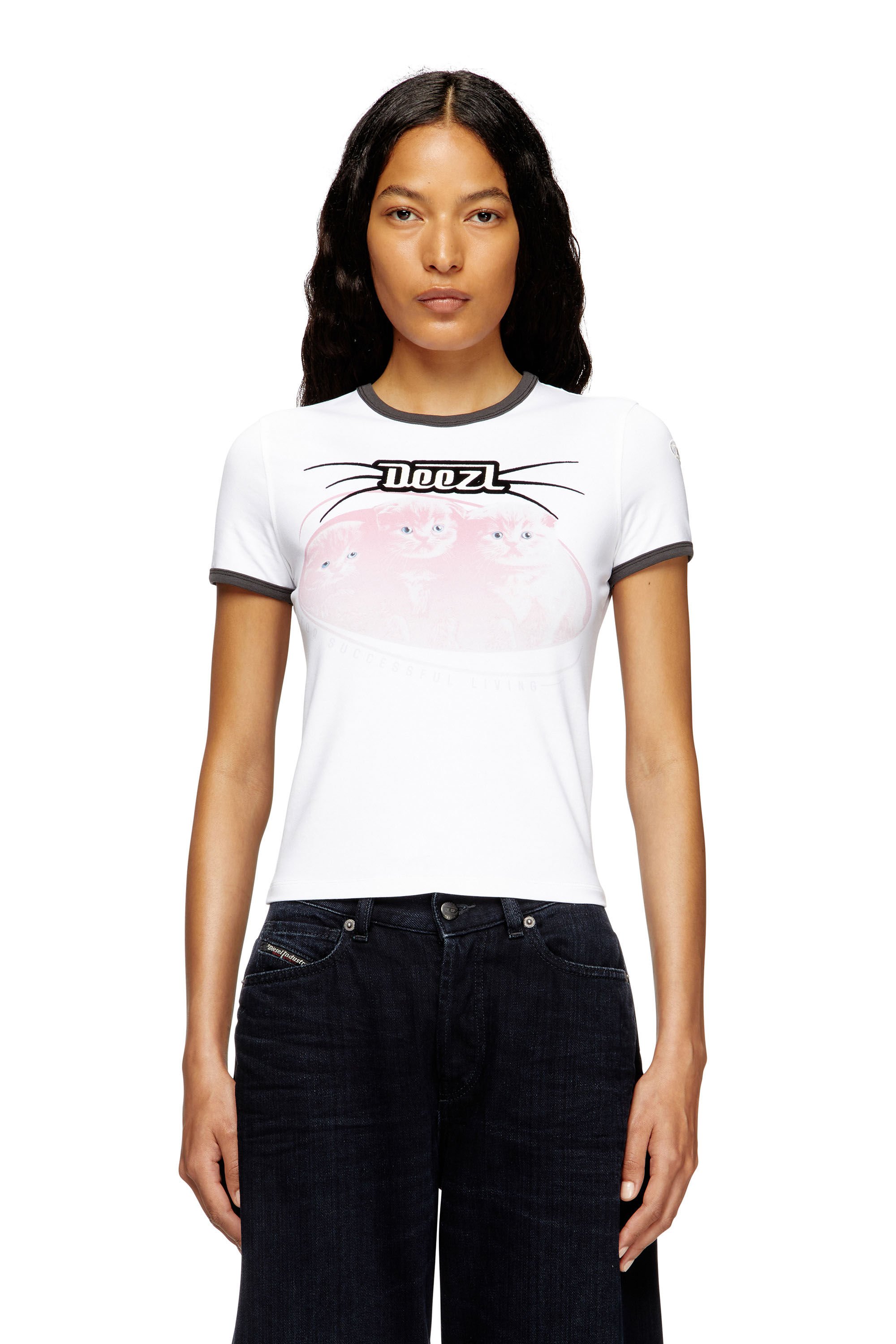 Diesel - T-UNCUTIES-LONG-R13, Female's Cotton T-shirt with flock print in ホワイト - 3