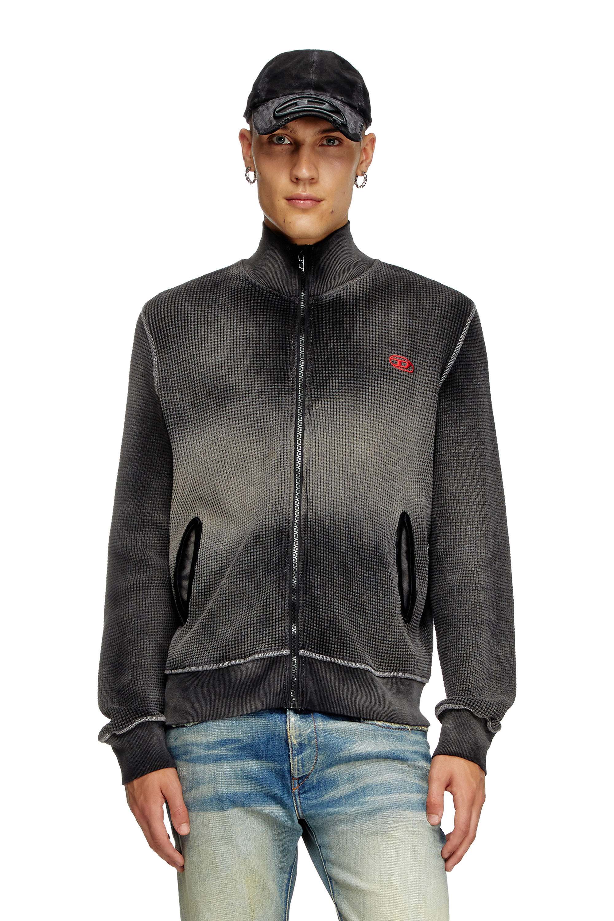 Women's Zipped hoodie in dirt-effect Track Denim | Black | Diesel