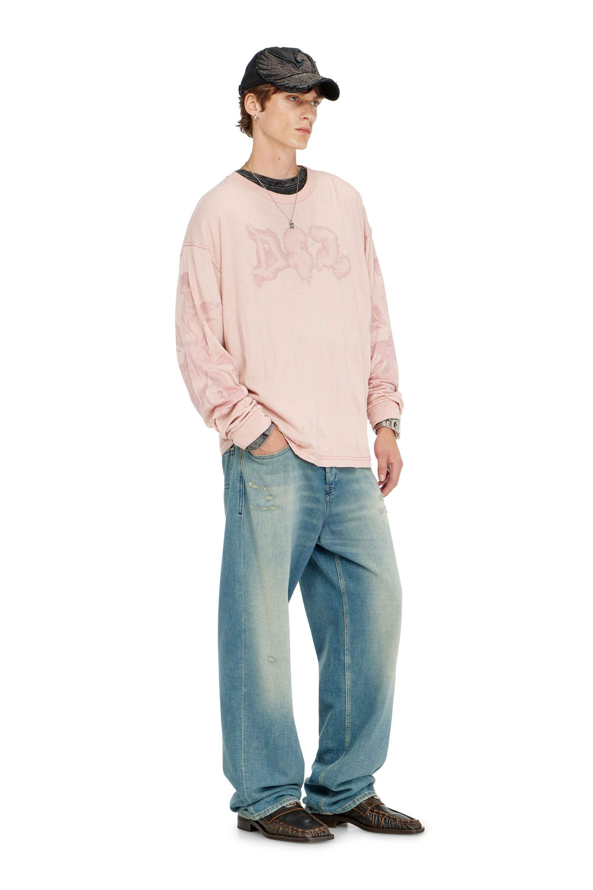 Diesel - T-BOXT-LS-AA4, Male's 長袖Tシャツ in ピンク / ホワイト - 1