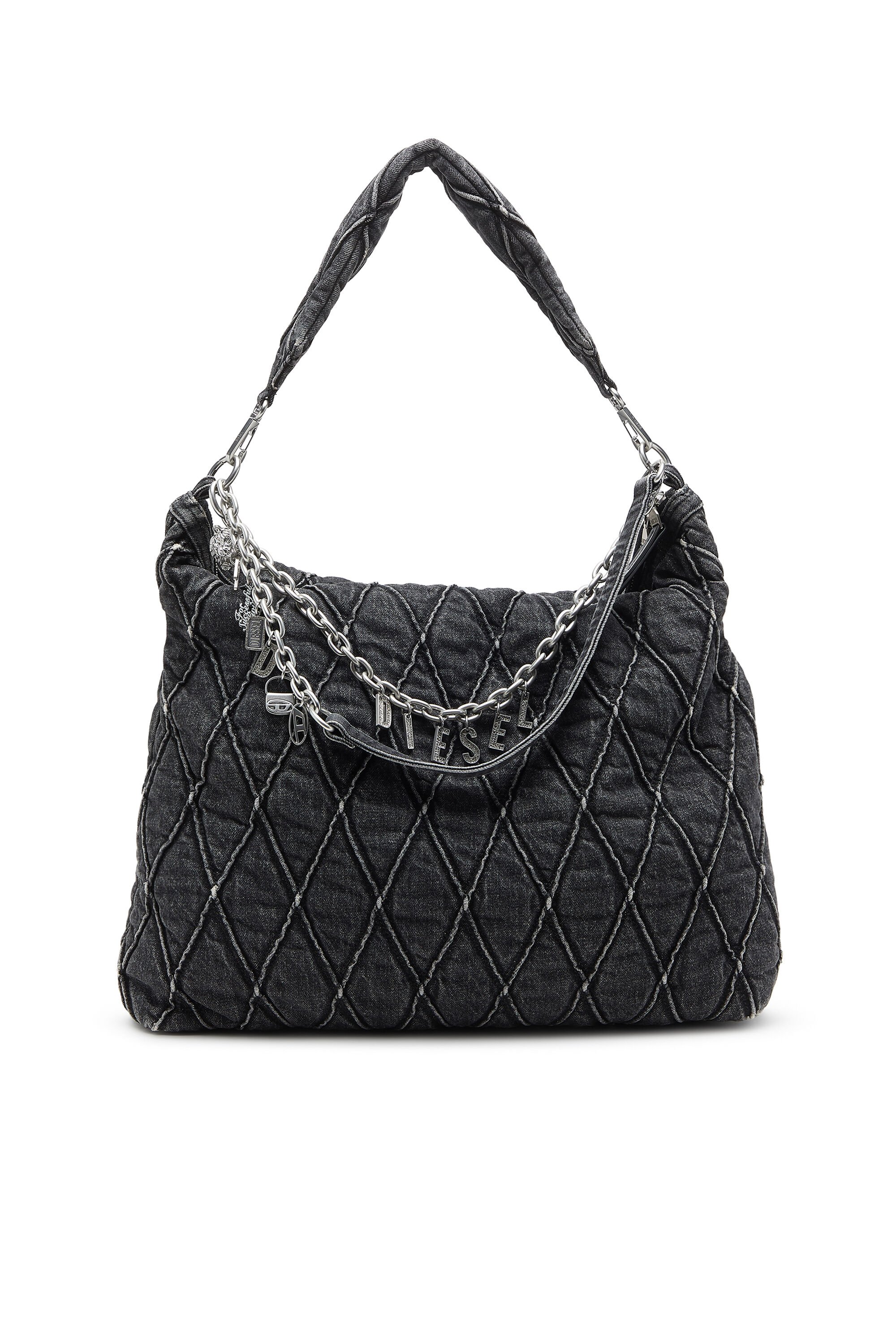 Diesel - HOSHI CHARM-D HOBO, Female's Quilted-denim hobo bag with chain charms in ブラック - 1