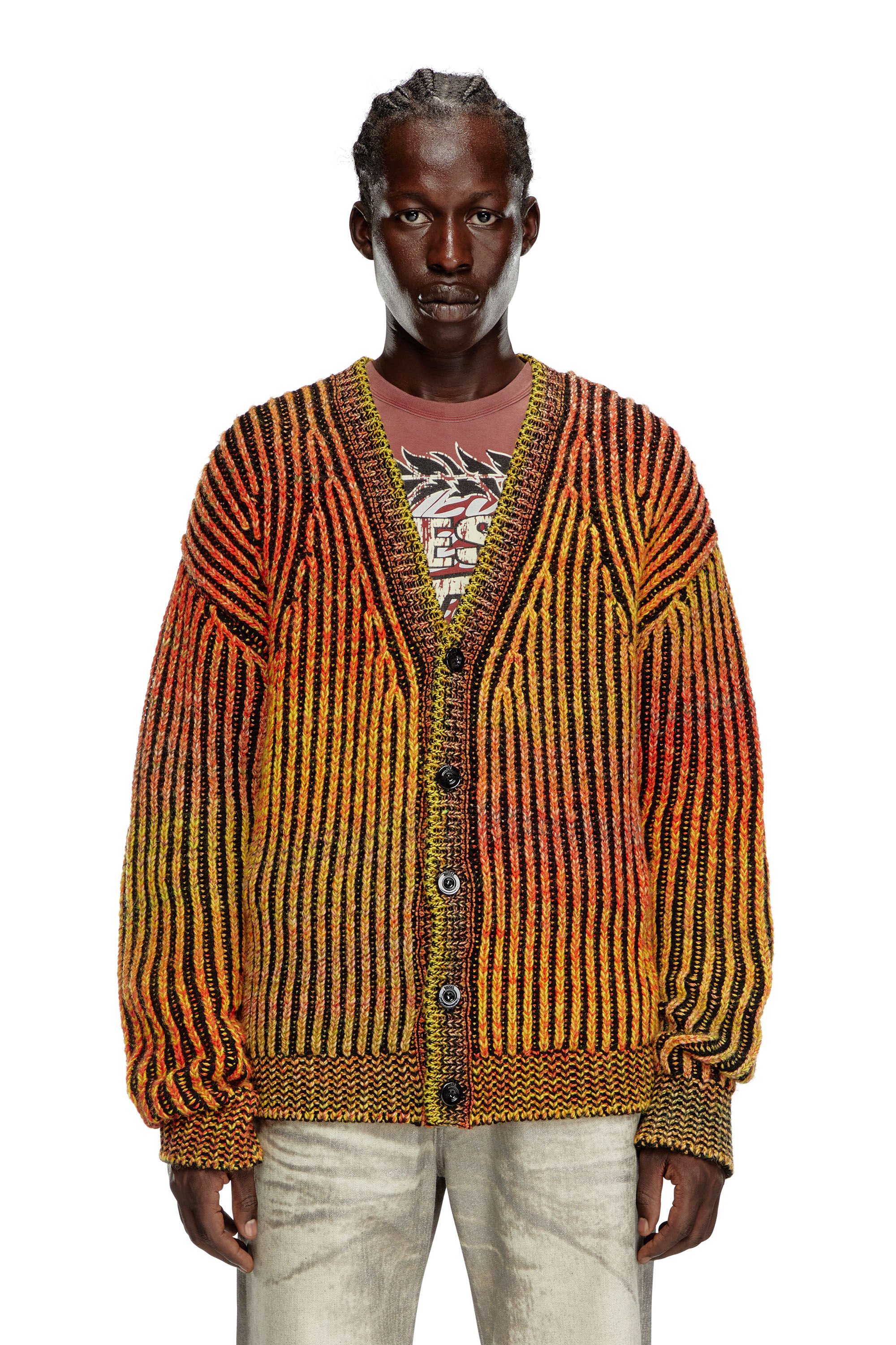 Diesel - K-OAKLAND-CR, Male's Striped ribbed cardigan in wool blend in オレンジ - 6