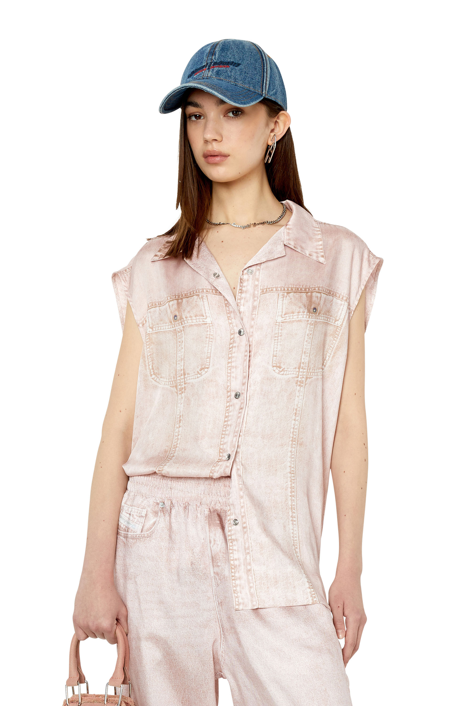 Diesel - C-MOHJA, Female's 半袖シャツ トロンプルイユ in ピンク / ホワイト - 3