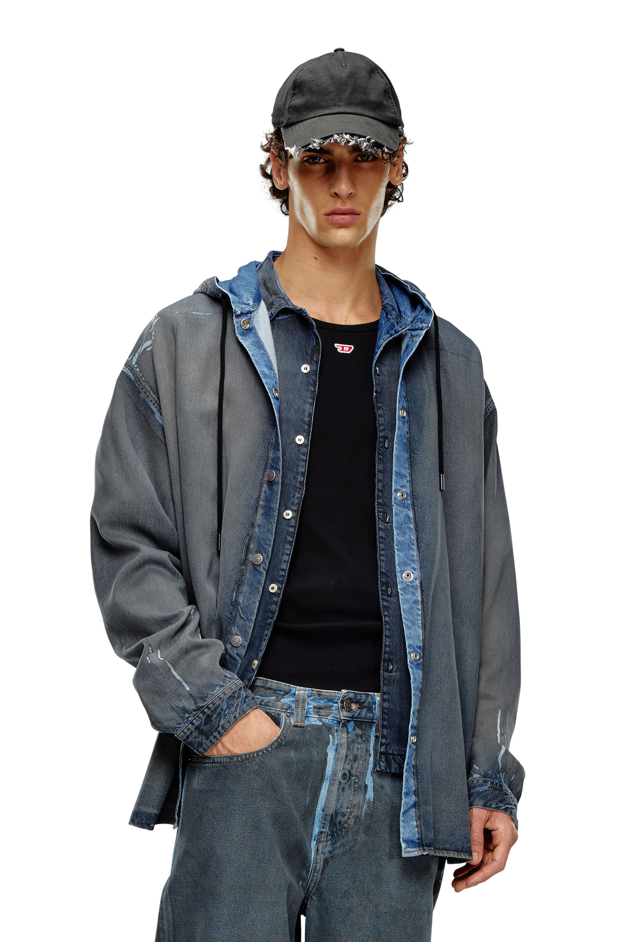 D-DEWNY-HOOD-S1 Hybrid shirt in worn-effect coated denim｜ブルー 